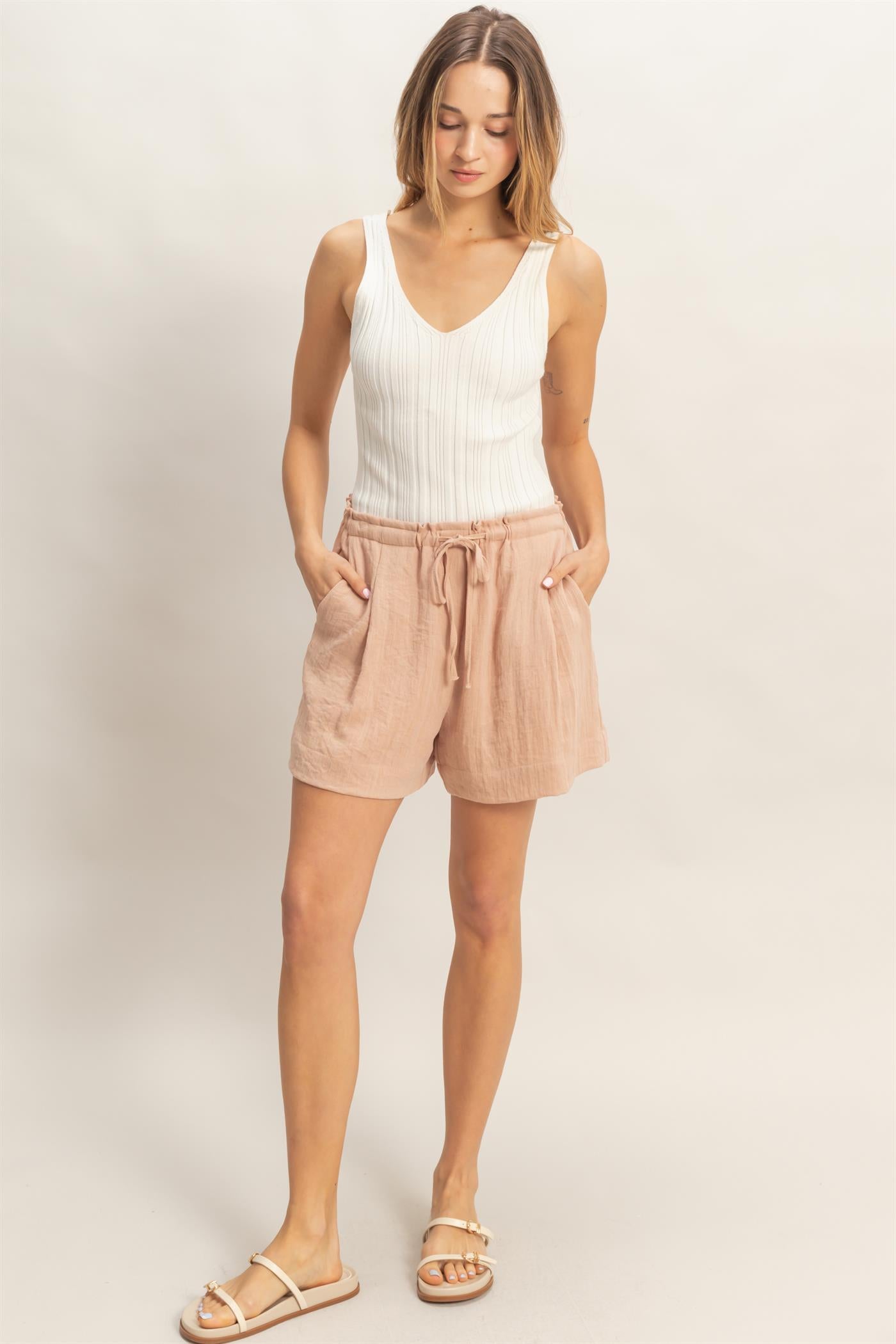 Wholesale Drawstring Pleated Shorts Shorts HF26C139-D PEACH BLUSH HYFVE