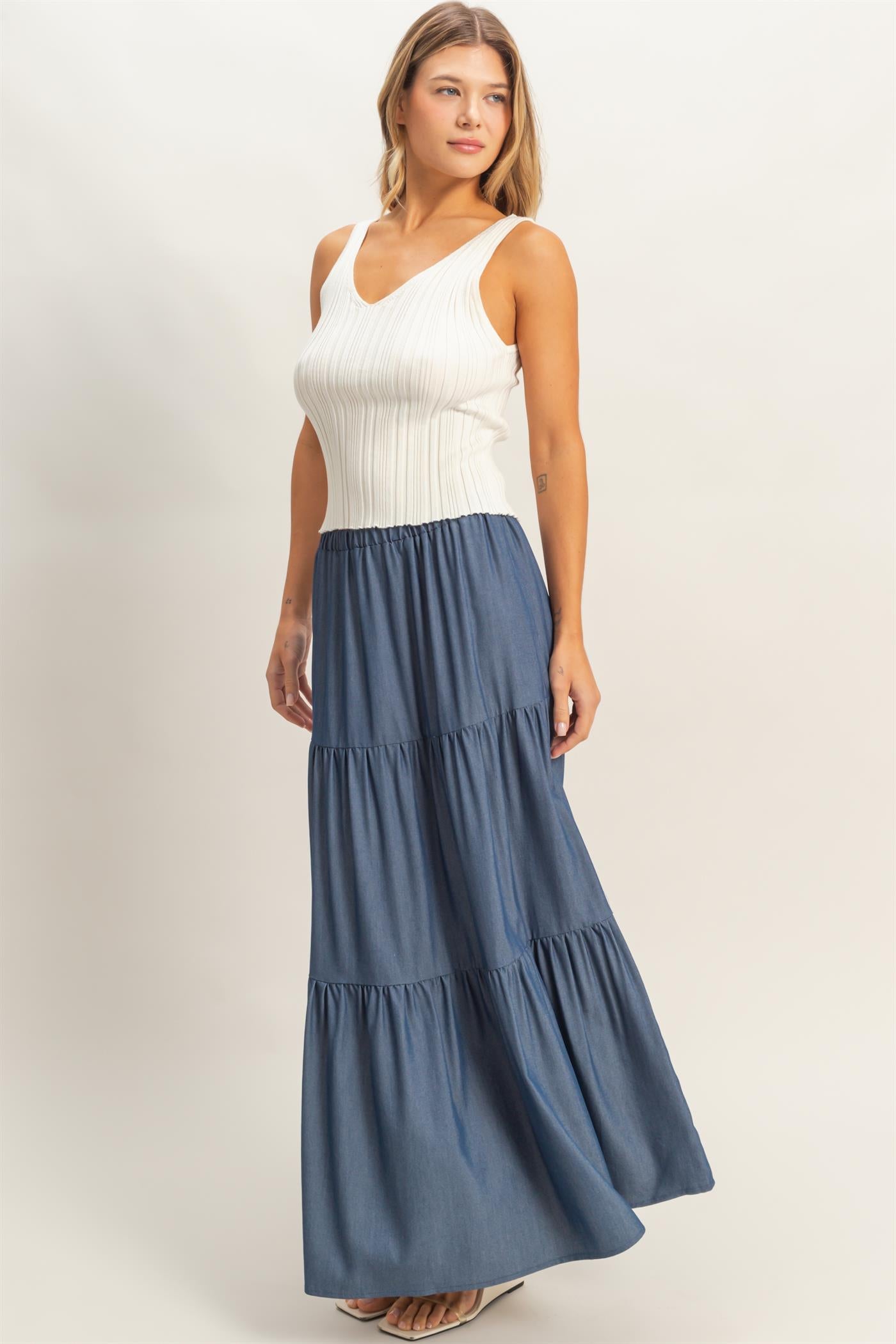 Wholesale Elastic Waist 3-Tier Skirt Skirts HF26E340-D D.DENIM HYFVE