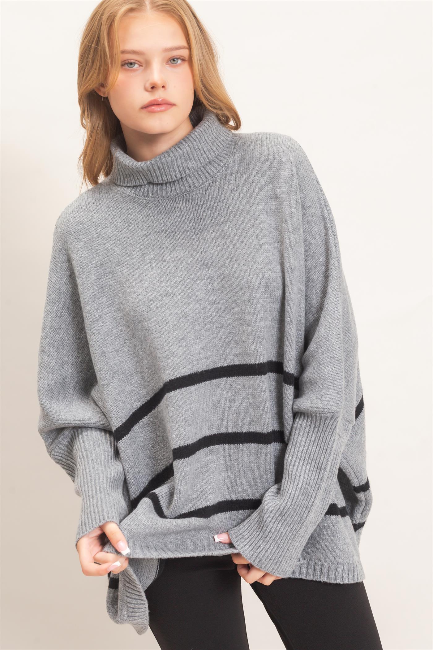 Wholesale Striped Turtleneck Poncho Sweater Sweaters HF26F194 HEATHER GRAY HYFVE