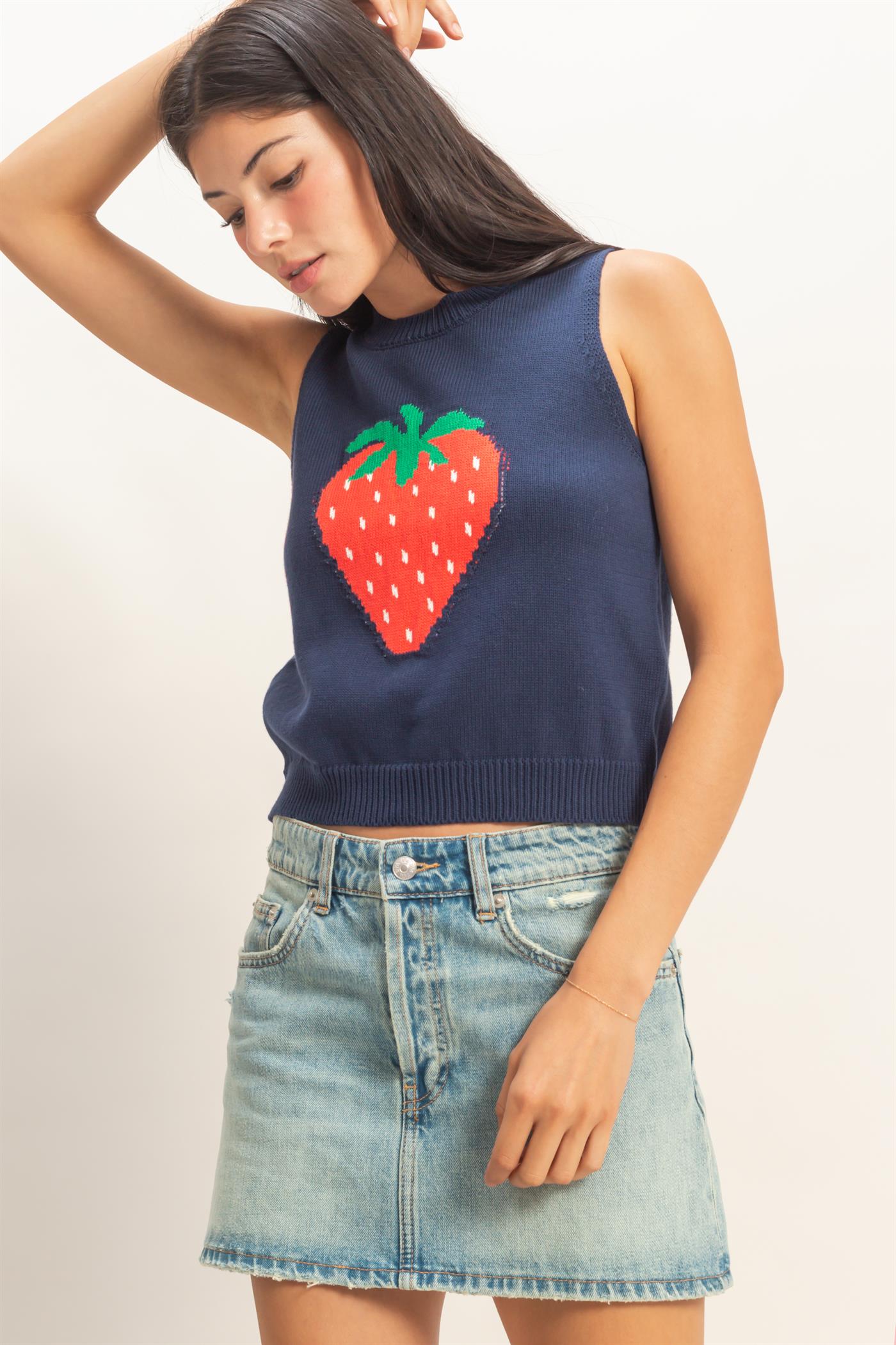 Wholesale Strawberry Sleeveless Knit Top Clothing Tops DZ26A035 NAVY DOUBLE ZERO