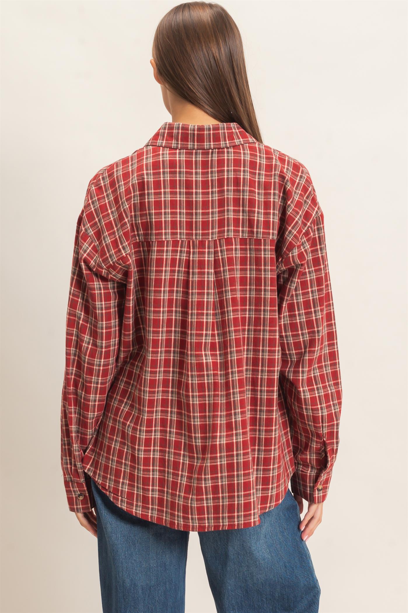 Wholesale Plaid Oversized Shirt Shirts DZ26F062 DARK RED DOUBLE ZERO