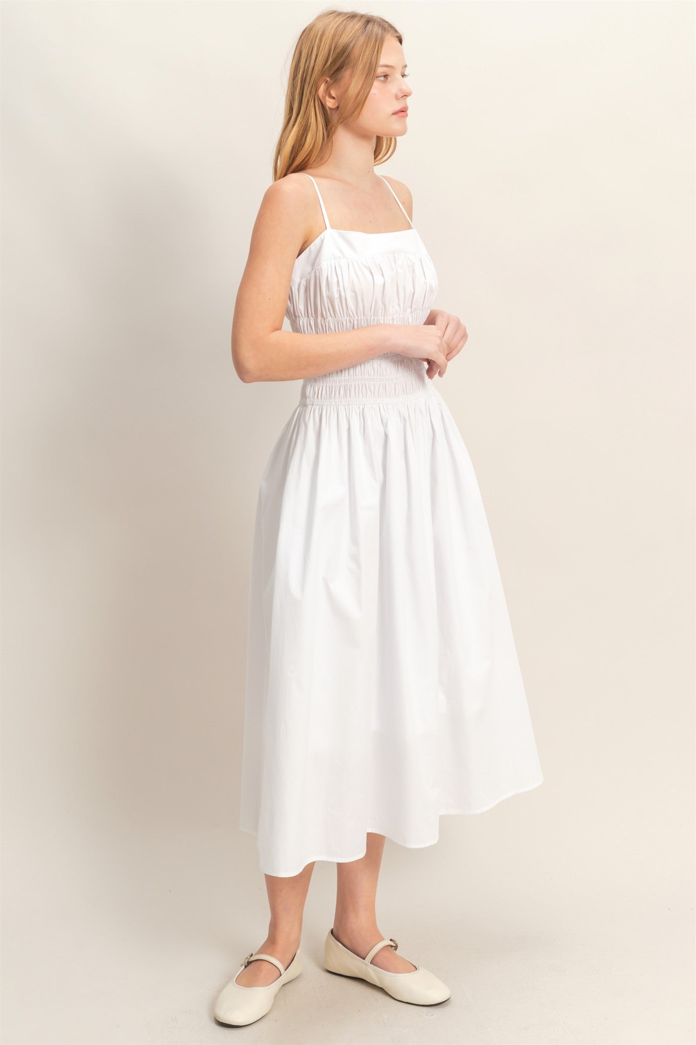 Wholesale Smocked Strapped Midi Dress Dresses HF26A624 WHITE HYFVE