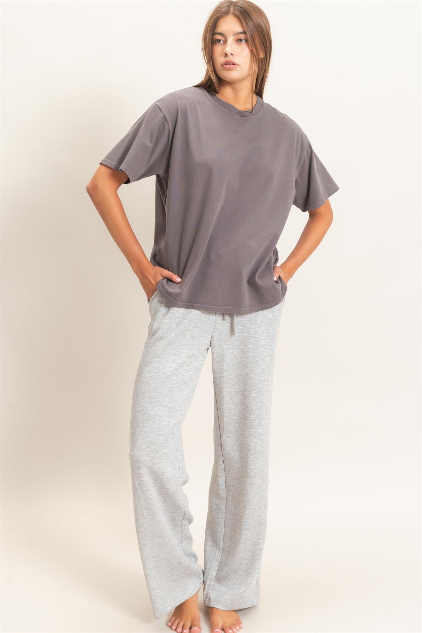Wholesale Crew Neck Pigment Dye T-Shirt Clothing Tops DZ26E448 CHARCOAL DOUBLE ZERO