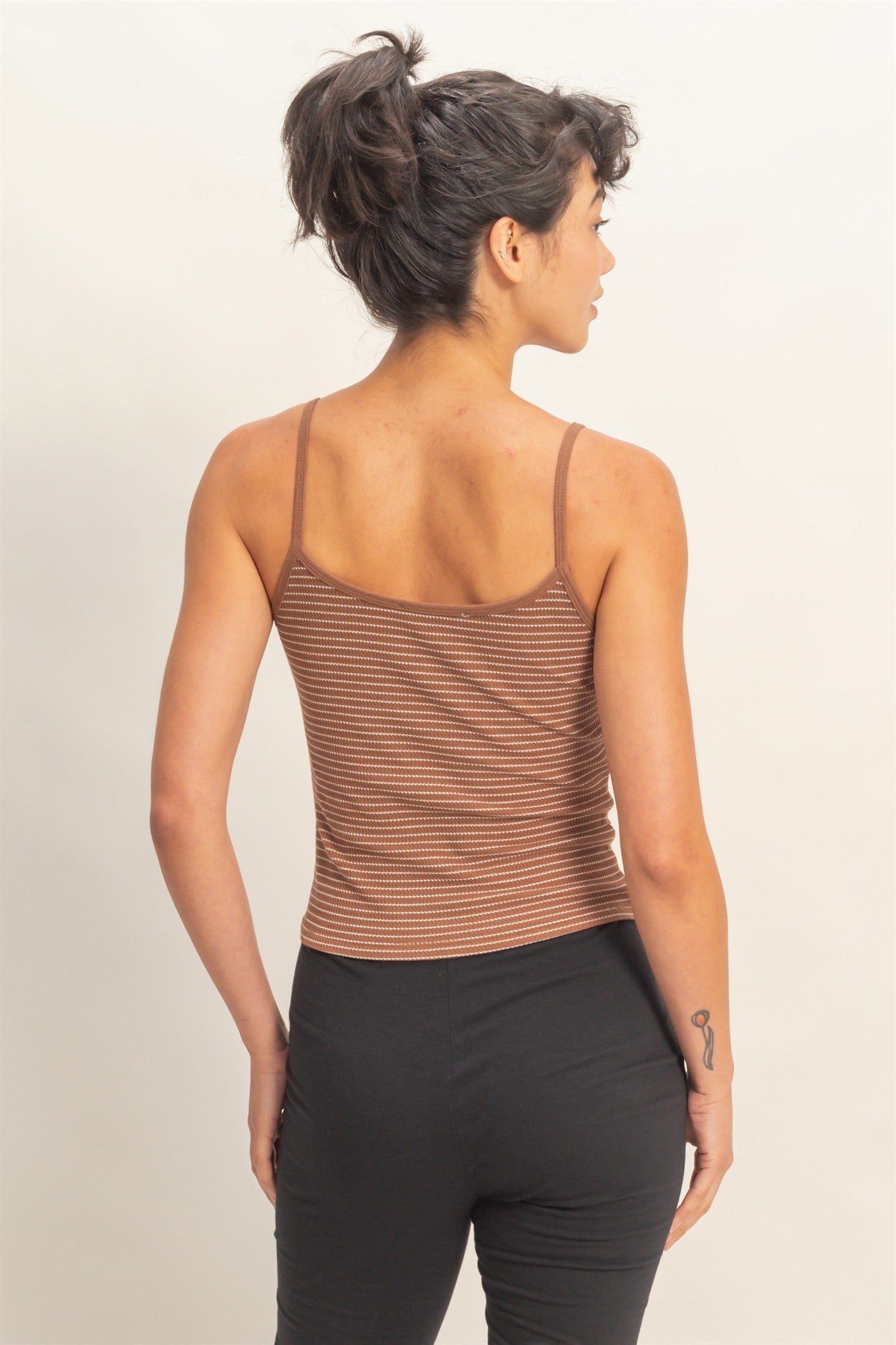 Wholesale Striped Snap-Button Henley Cami Top Camisoles DZ26A885 BROWN DOUBLE ZERO