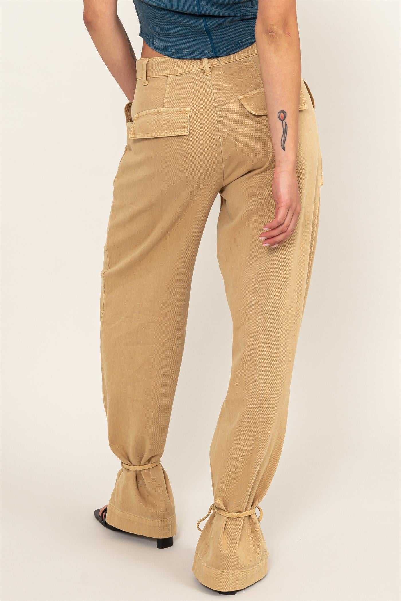 Wholesale High Rise Cargo Pants With Ankle Ties Pants DZ24C156 SAND DOUBLE ZERO