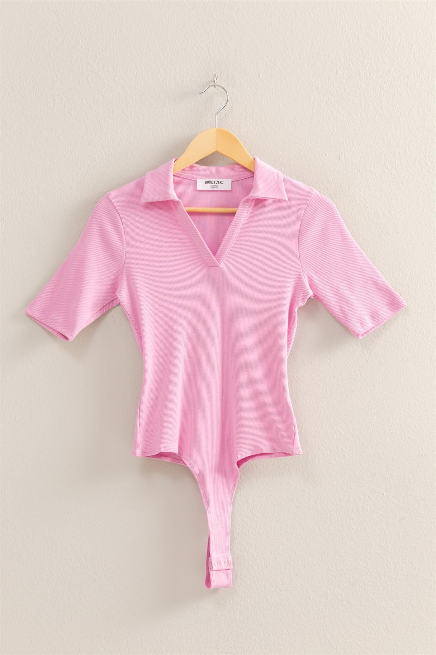 Wholesale Polo Neck Short Sleeve Bodysuit Bodysuits DZ25A777 PINK DOUBLE ZERO