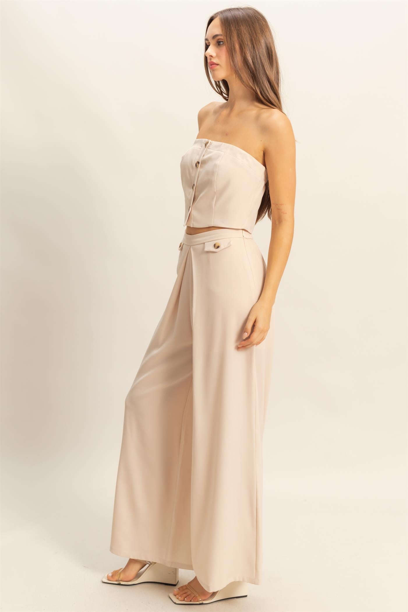 Wholesale Strapless Buttoned Top And Pants Set Clothing HF25E017-SET BEIGE HYFVE