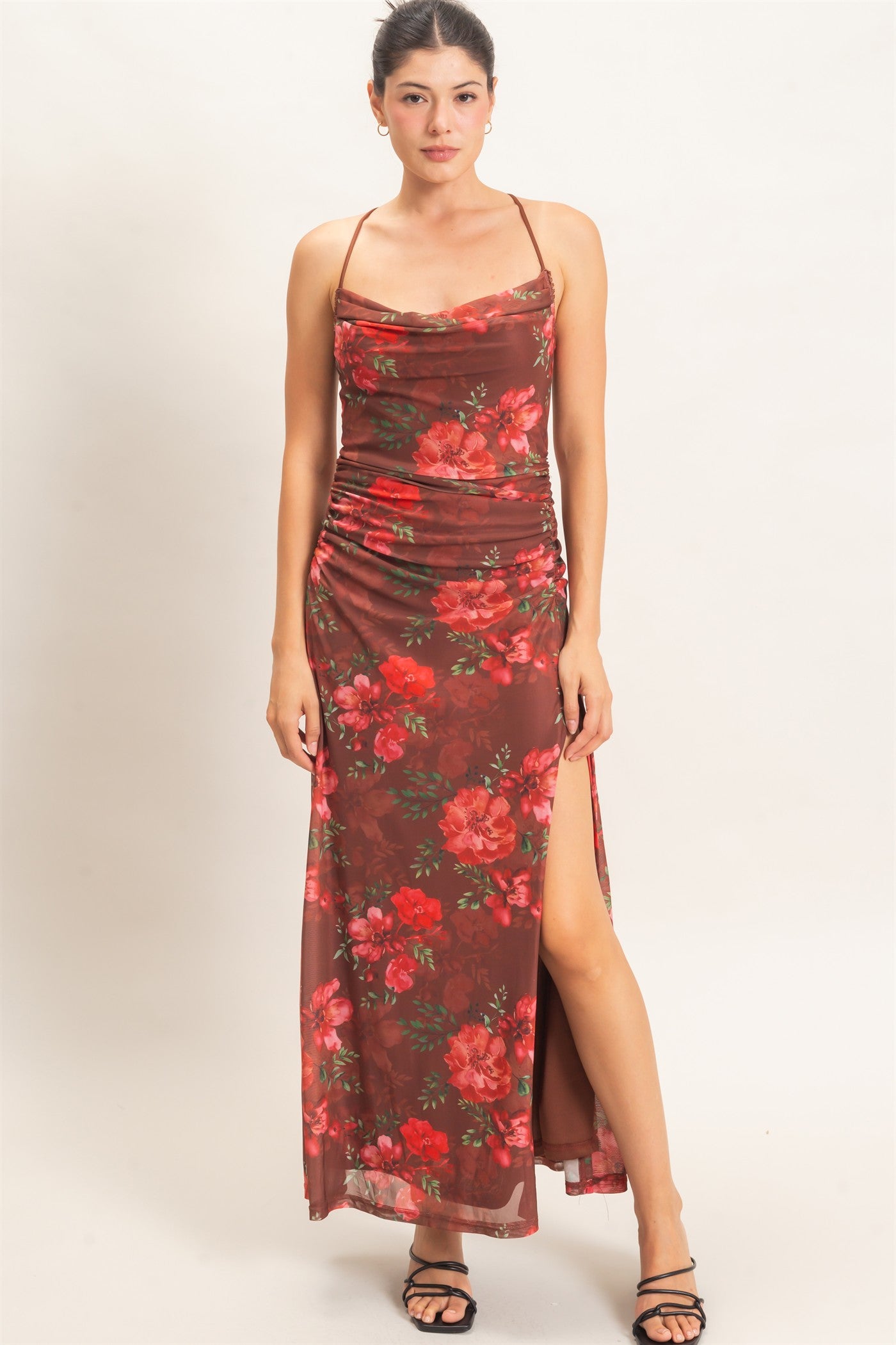 Wholesale Floral Print Spaghetti Strap Dress Dresses HF26E440 BROWN HYFVE