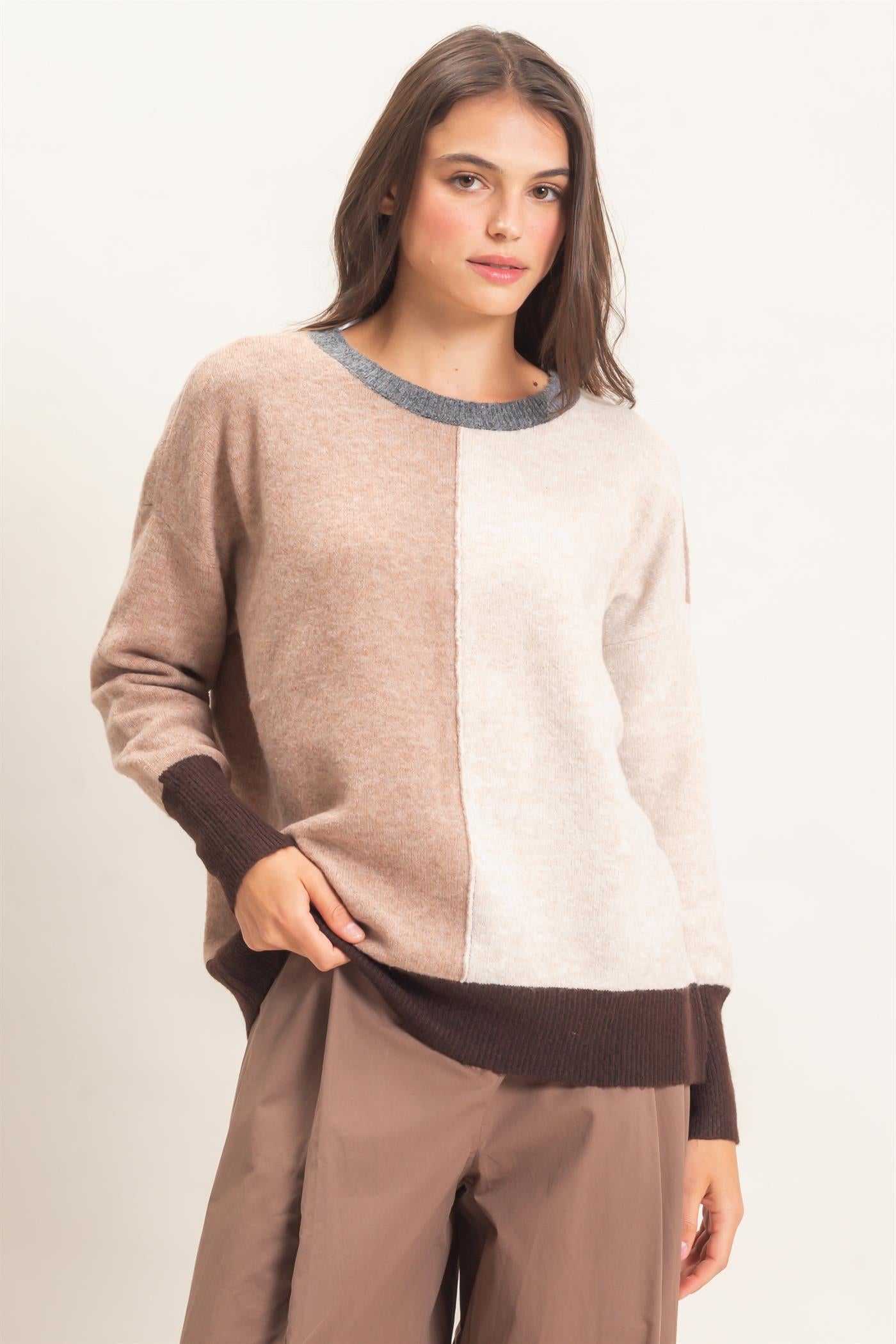Wholesale Colorblock Crew Neck Sweater Sweaters HF26E151 BROWN HYFVE