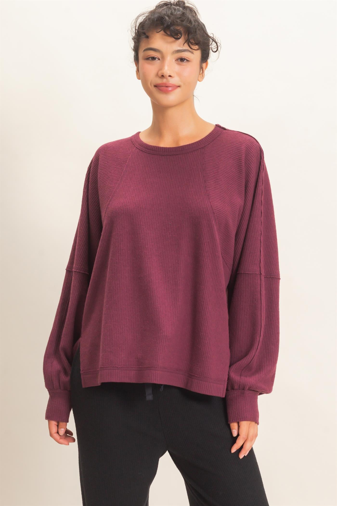 Wholesale Brushed Waffle Long Sleeve Top Clothing Tops DZ26F312 DARK CHERRY DOUBLE ZERO
