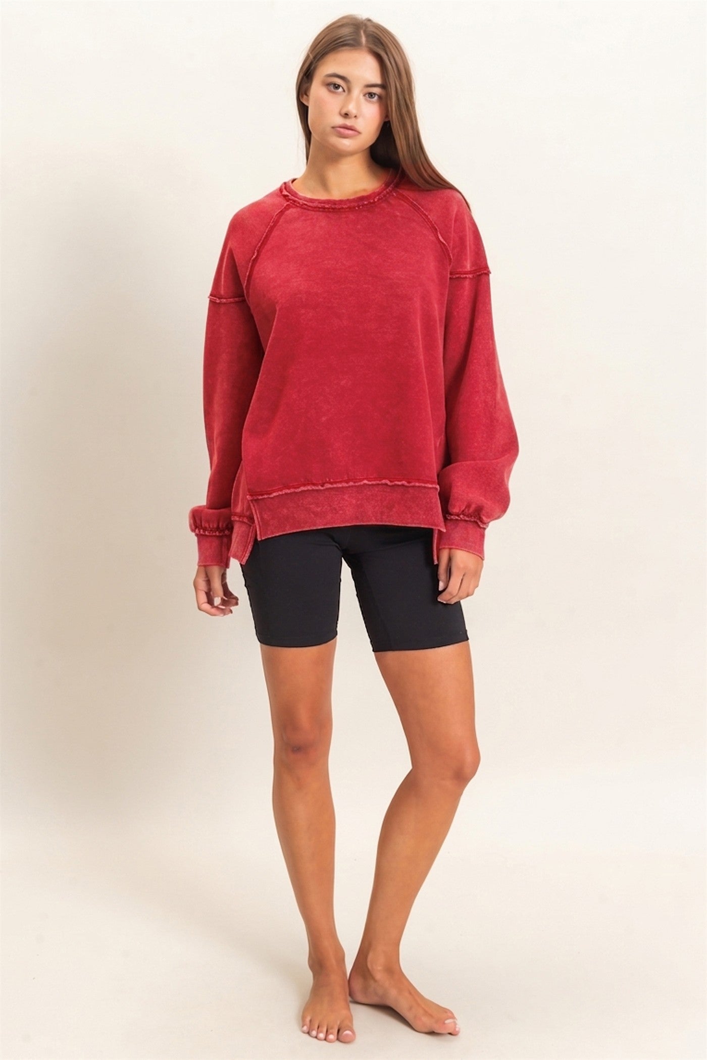 Wholesale Acid Wash Raw Edge Sweatshirt Sweatshirts DZ26C910 RED DOUBLE ZERO
