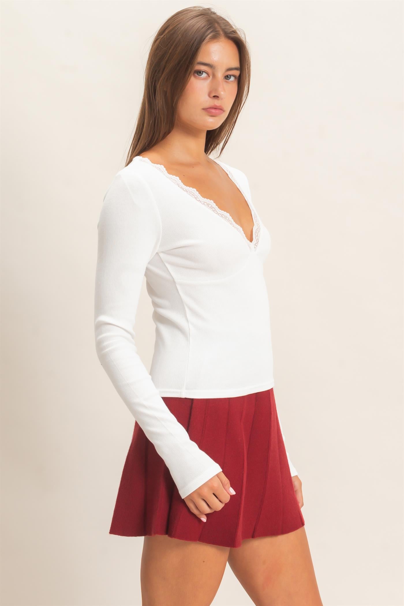 Wholesale Lace Trim V-Neck Top Clothing Tops DZ26E913 WHITE DOUBLE ZERO
