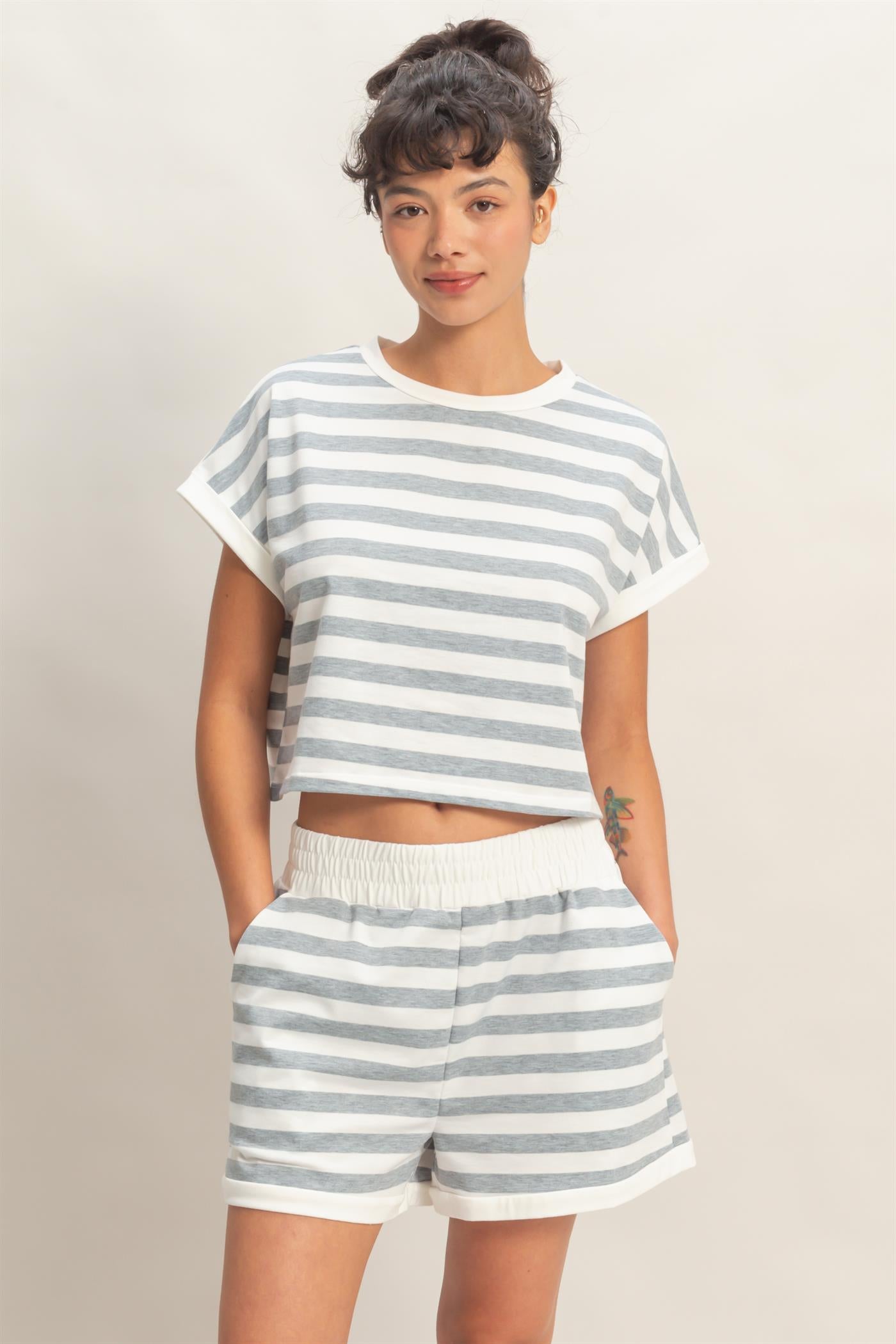 Wholesale Striped Short Sleeve Top & Shorts Set Clothing HF26C064-SET HEATHER GRAY HYFVE