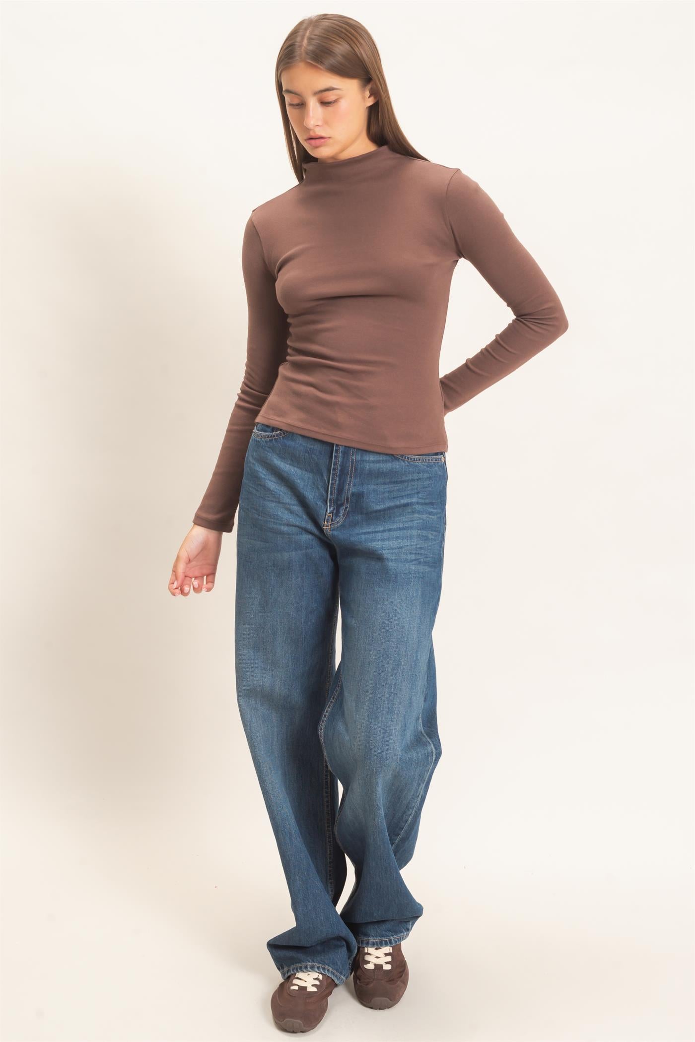 Wholesale Mock Neck Long Sleeve Top Clothing Tops DZ26F281 DARK BROWN DOUBLE ZERO