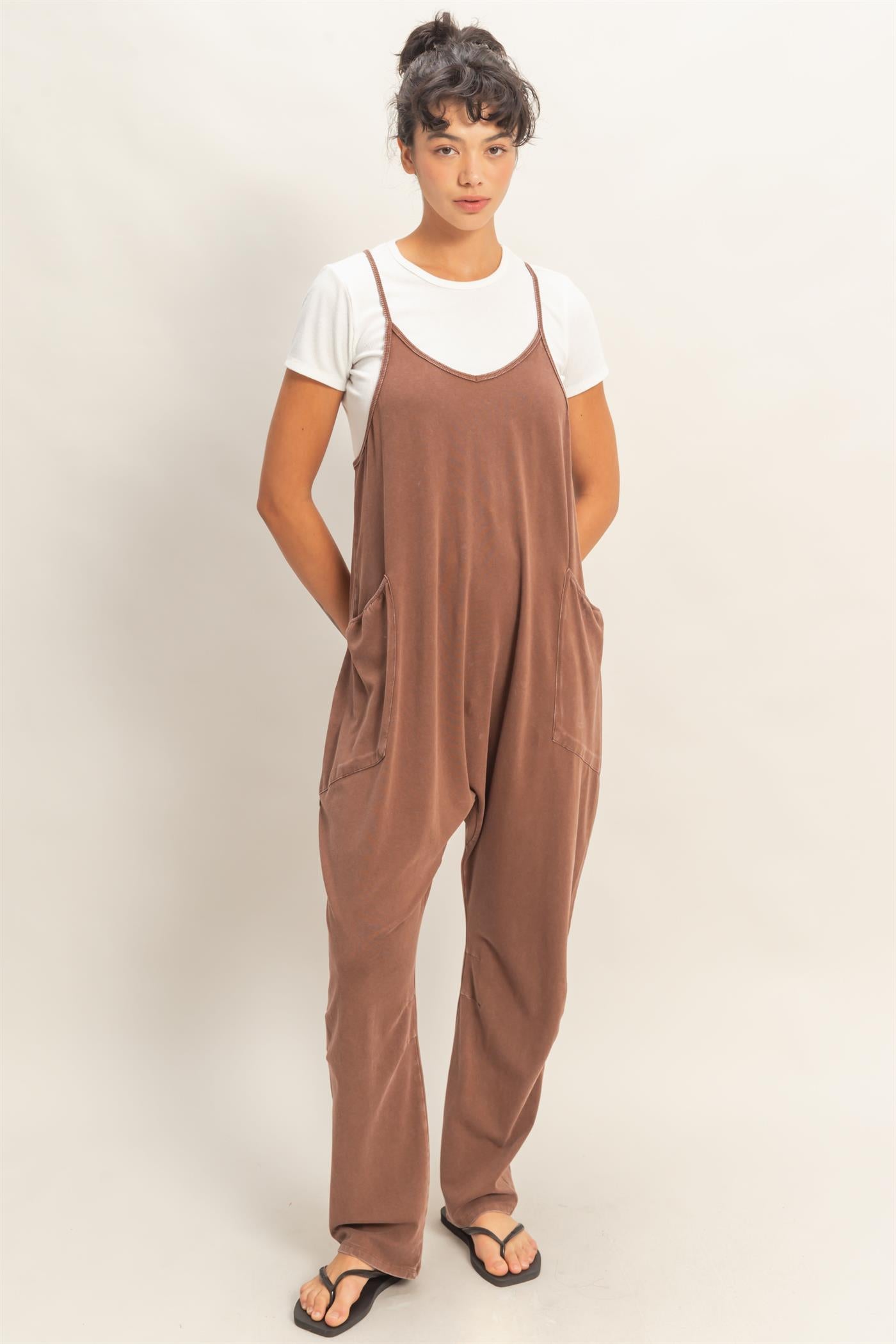 Wholesale Mineral Wash Spaghetti Strap Jumpsuit Clothing DZ26C375 CHOCOLATE DOUBLE ZERO