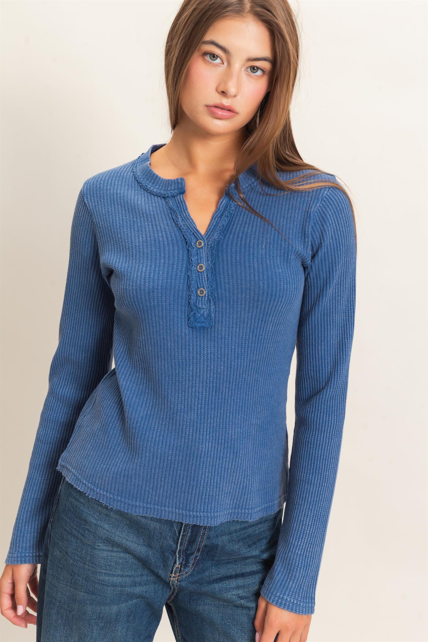 Wholesale Mineral Wash Waffle Henley Long Sleeve Top Clothing Tops DZ26E243 NAVY DOUBLE ZERO