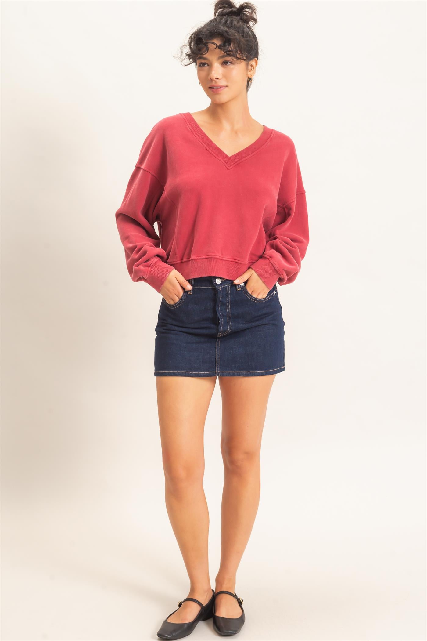 Wholesale Snow Wash V-Neck Sweatshirt Sweatshirts DZ26C844 DARK RED DOUBLE ZERO