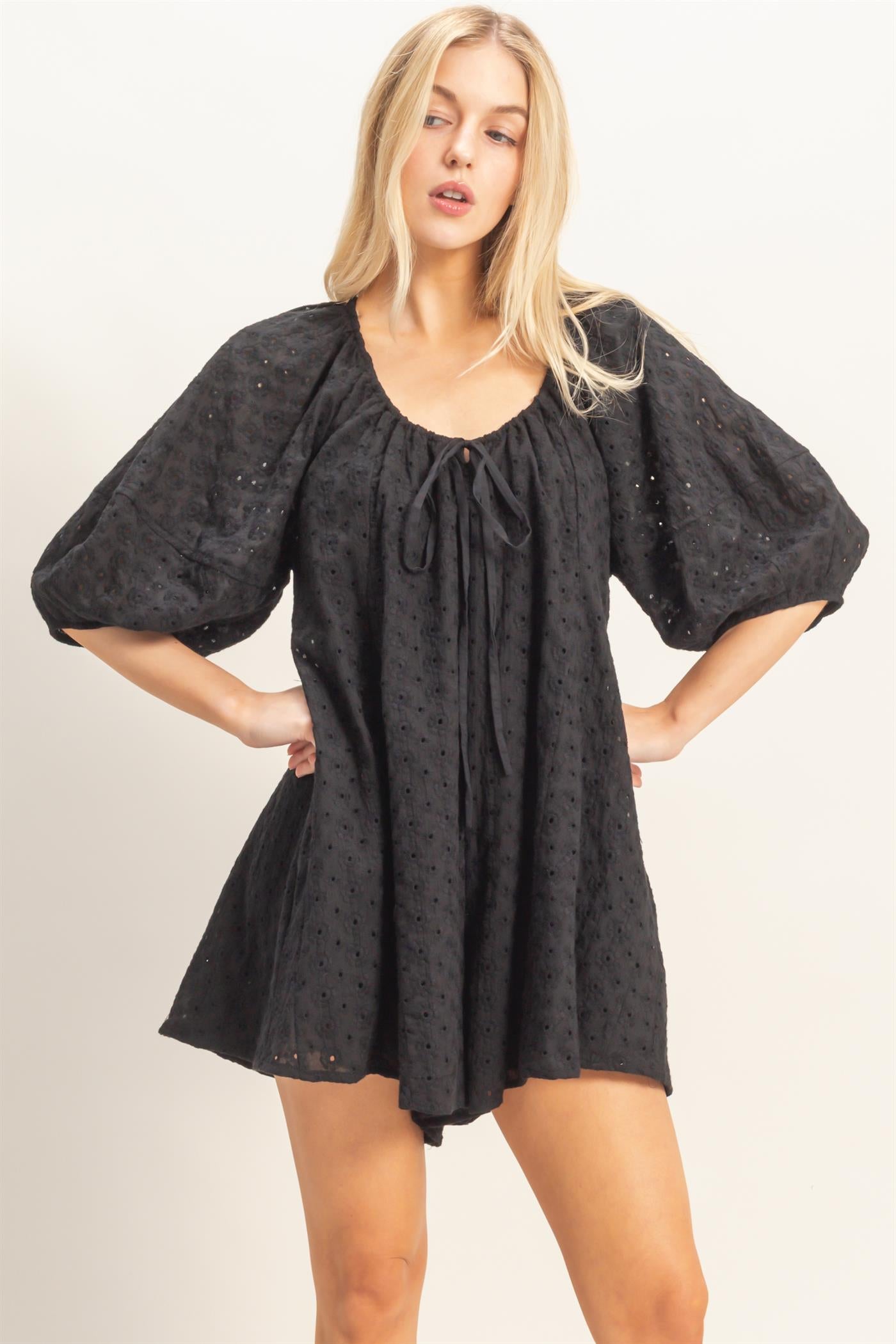 Wholesale Eyelet Babydoll Romper Clothing HF26A181 BLACK HYFVE