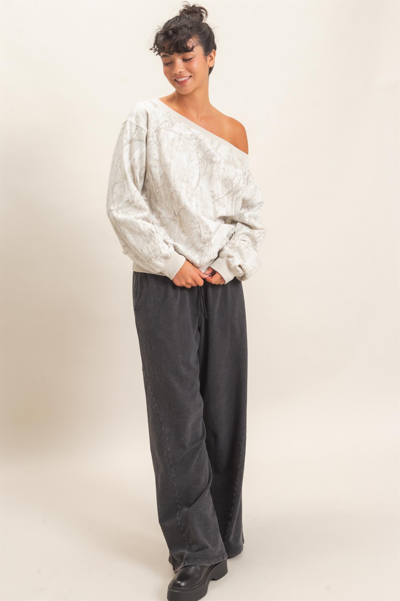 Wholesale Tree Camouflage Print Off The Shoulder Sweatshirt Sweatshirts DZ26F310 GRAY DOUBLE ZERO