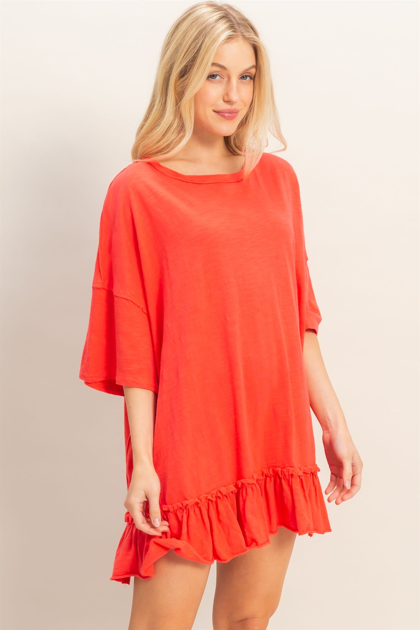 Wholesale Ruffled Hem Oversized Tunic Dresses HF26A785 ORANGE RED HYFVE