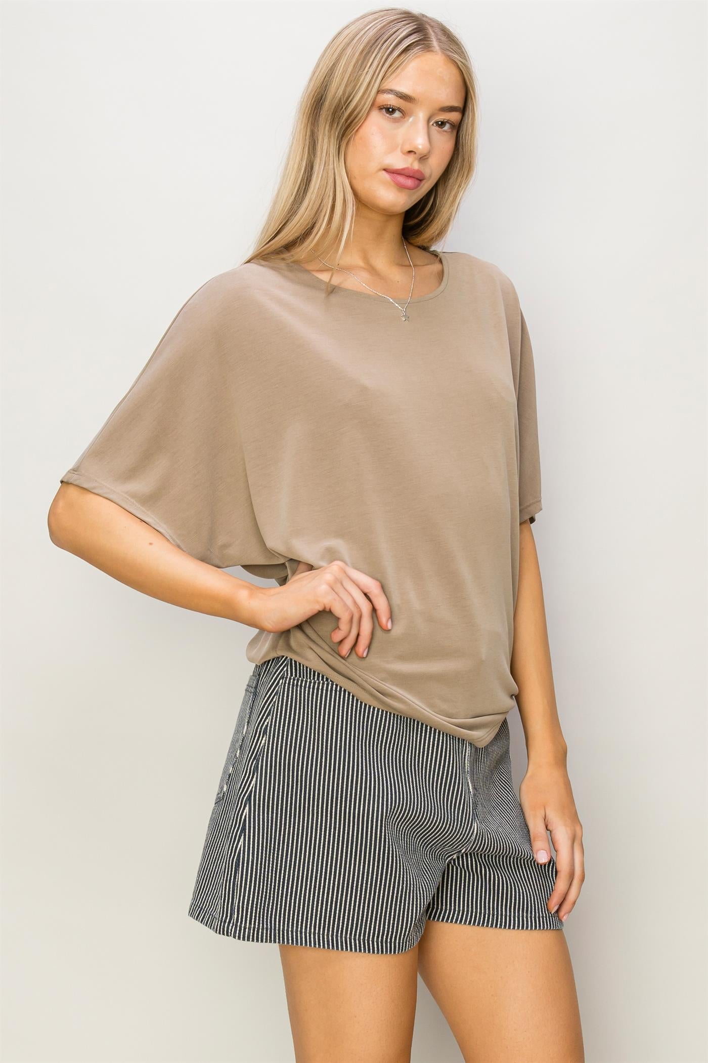 Wholesale D-Elbow Length Dolman Sleeve Top Clothing Tops DZ24C199-D MOCHA BROWN DOUBLE ZERO