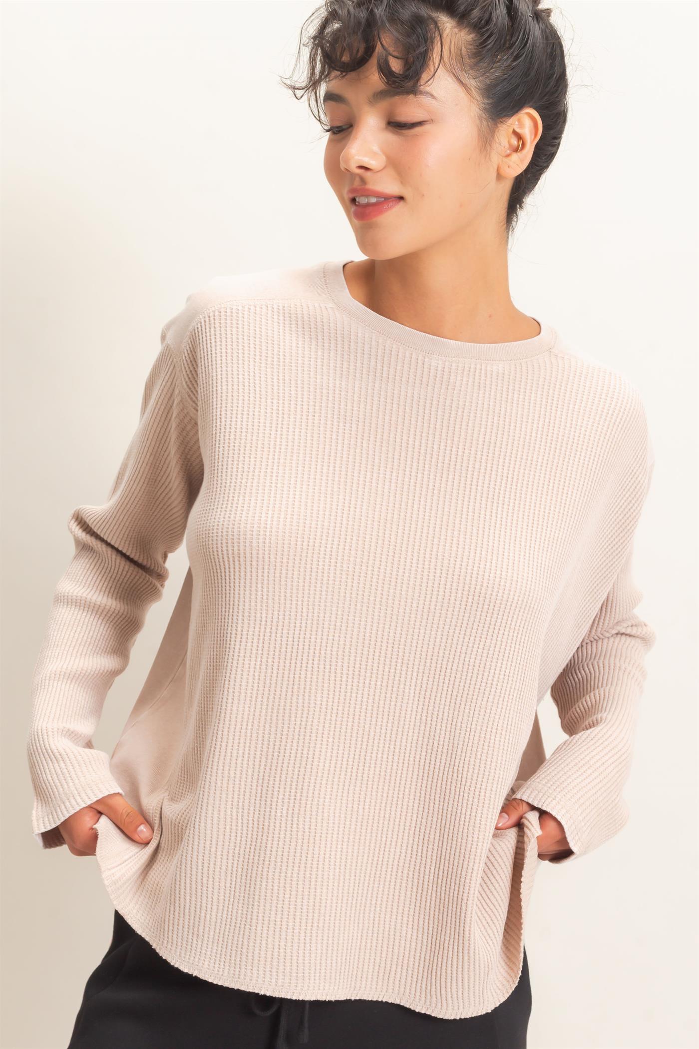 Wholesale Oversized Mineral Washed Waffle Knit Top Clothing Tops DZ26E654 DARK TAUPE DOUBLE ZERO