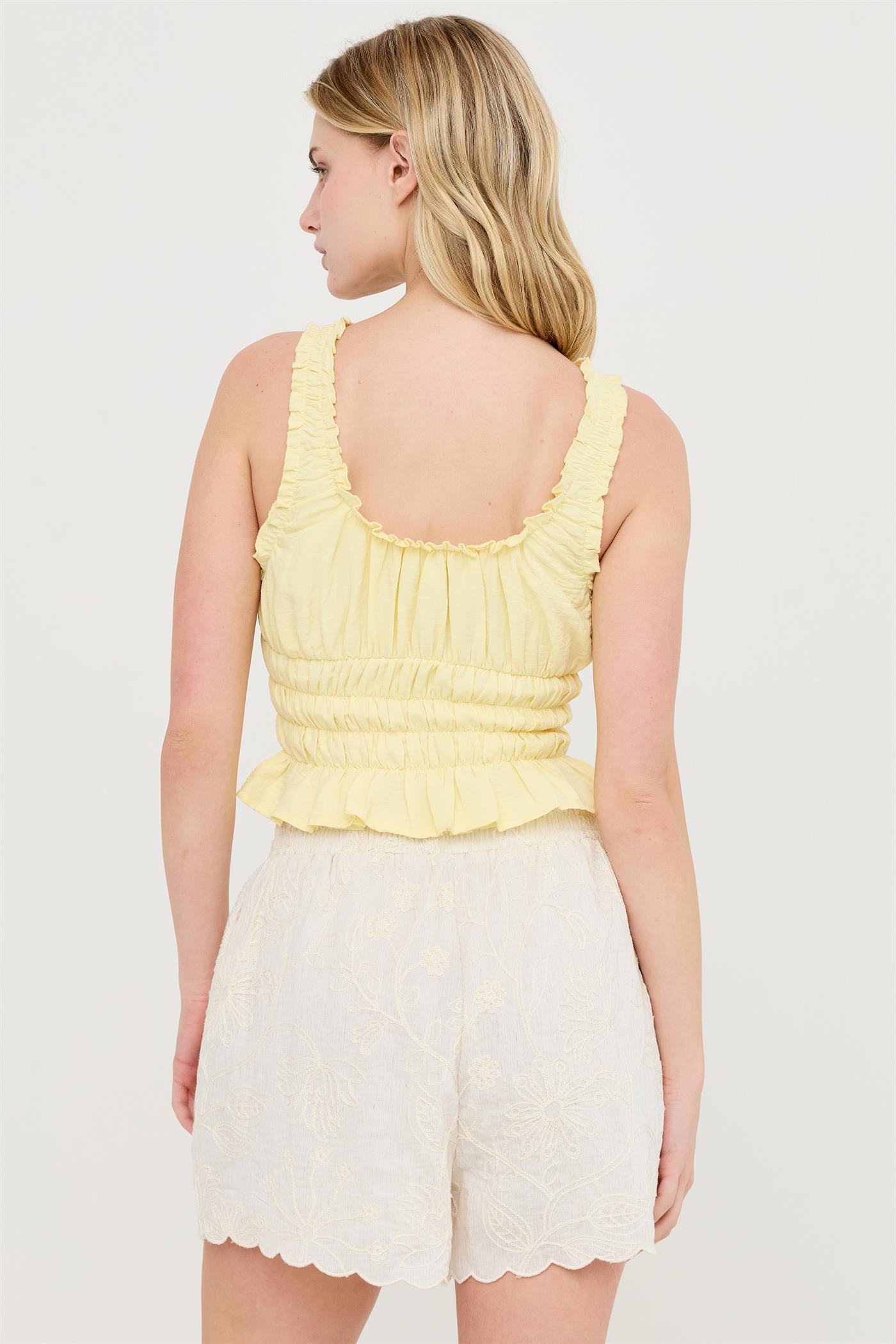 Wholesale Ruched Square Neck Smocked Top Clothing Tops HF26E388-D LIGHT YELLOW HYFVE