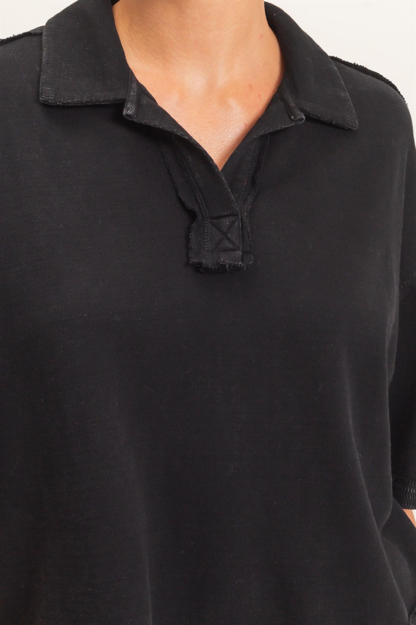 Wholesale Mineral Wash Oversized Collar Short Sleeve Top Clothing Tops DZ26E813 BLACK DOUBLE ZERO