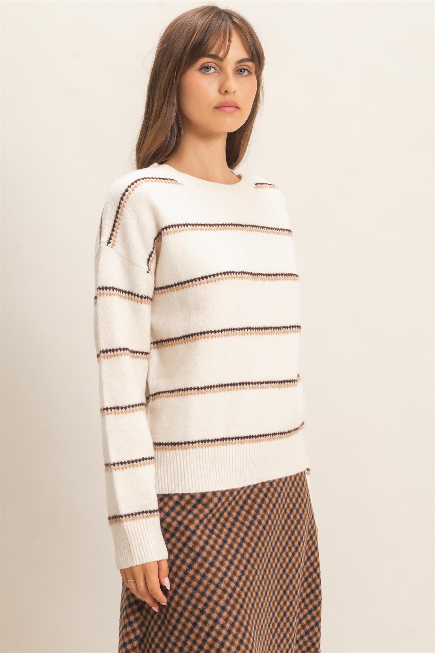 Wholesale Striped Crew Neck Sweater Sweaters HF26E696-D OATMEAL HYFVE