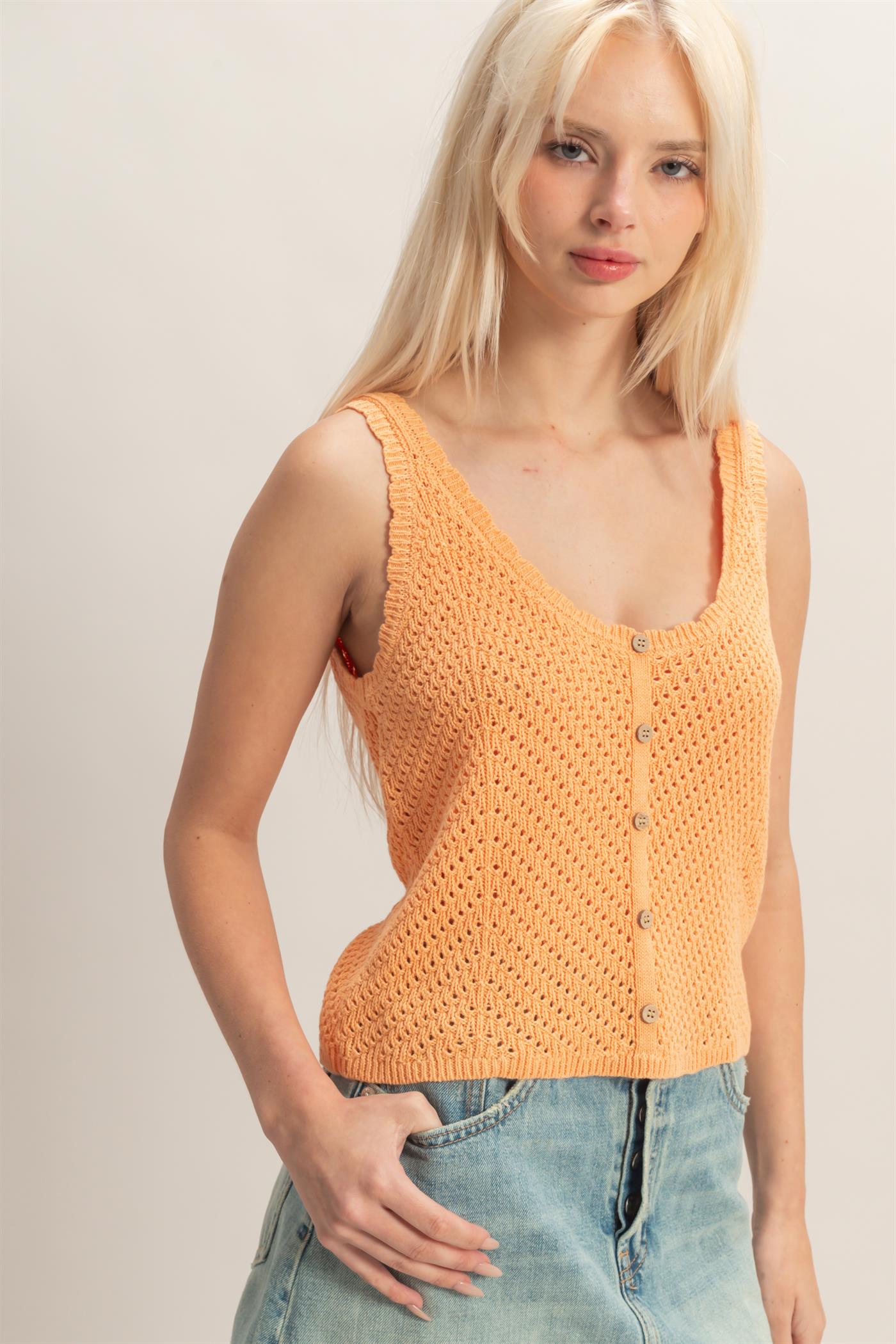 Wholesale Open Knit Scallop Edge Button Front Tank Top Tank Tops DZ26A221 APRICOT DOUBLE ZERO