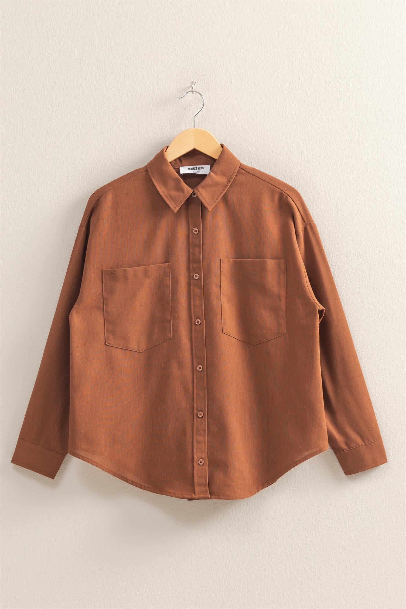Wholesale Sand Washed Relaxed Long Sleeve Shirt Clothing Tops DZ24C609 CHESTNUT DOUBLE ZERO