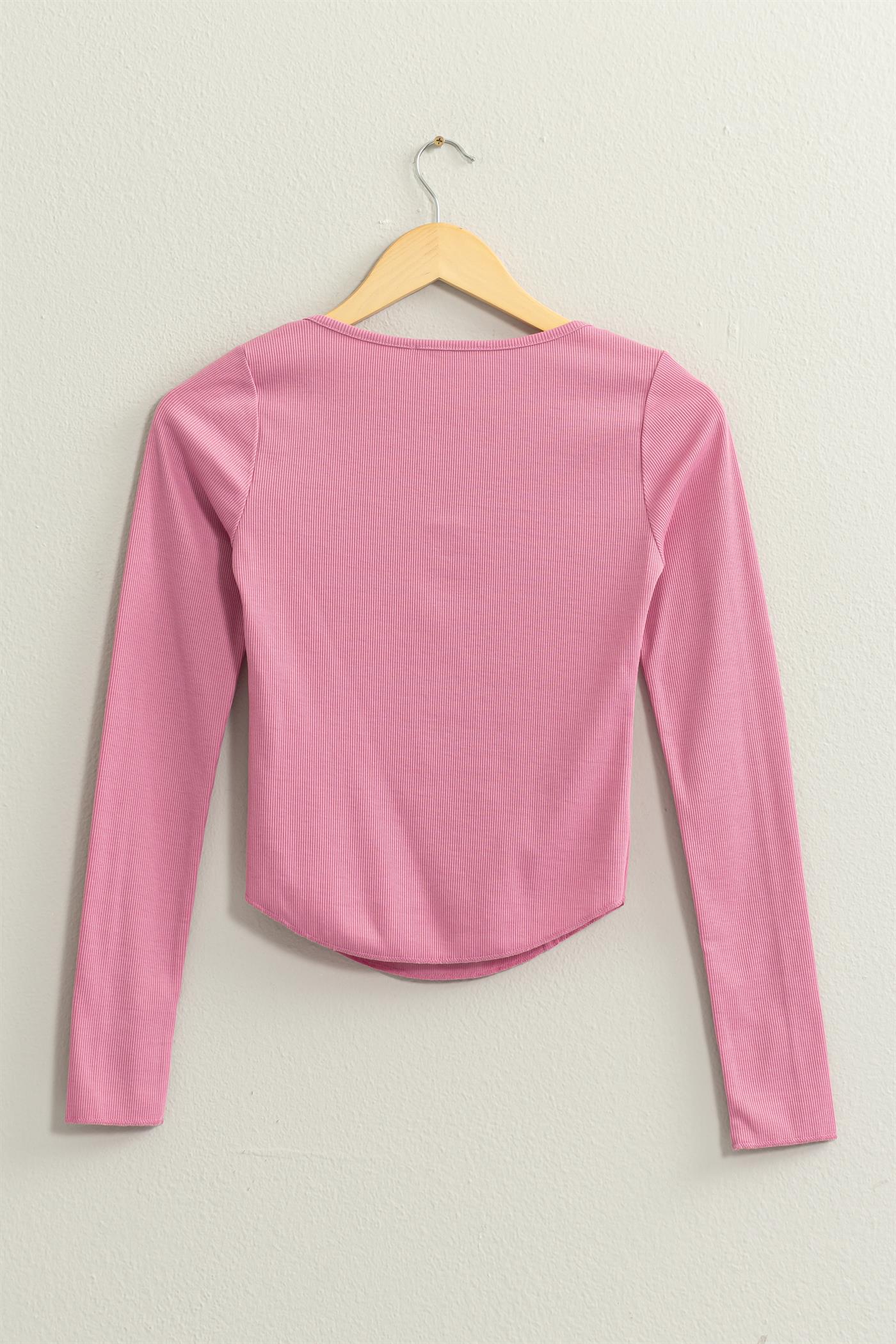 Wholesale Ribbed Long Sleeve Button Front Top Clothing Tops DZ25A025 ROSE PINK DOUBLE ZERO