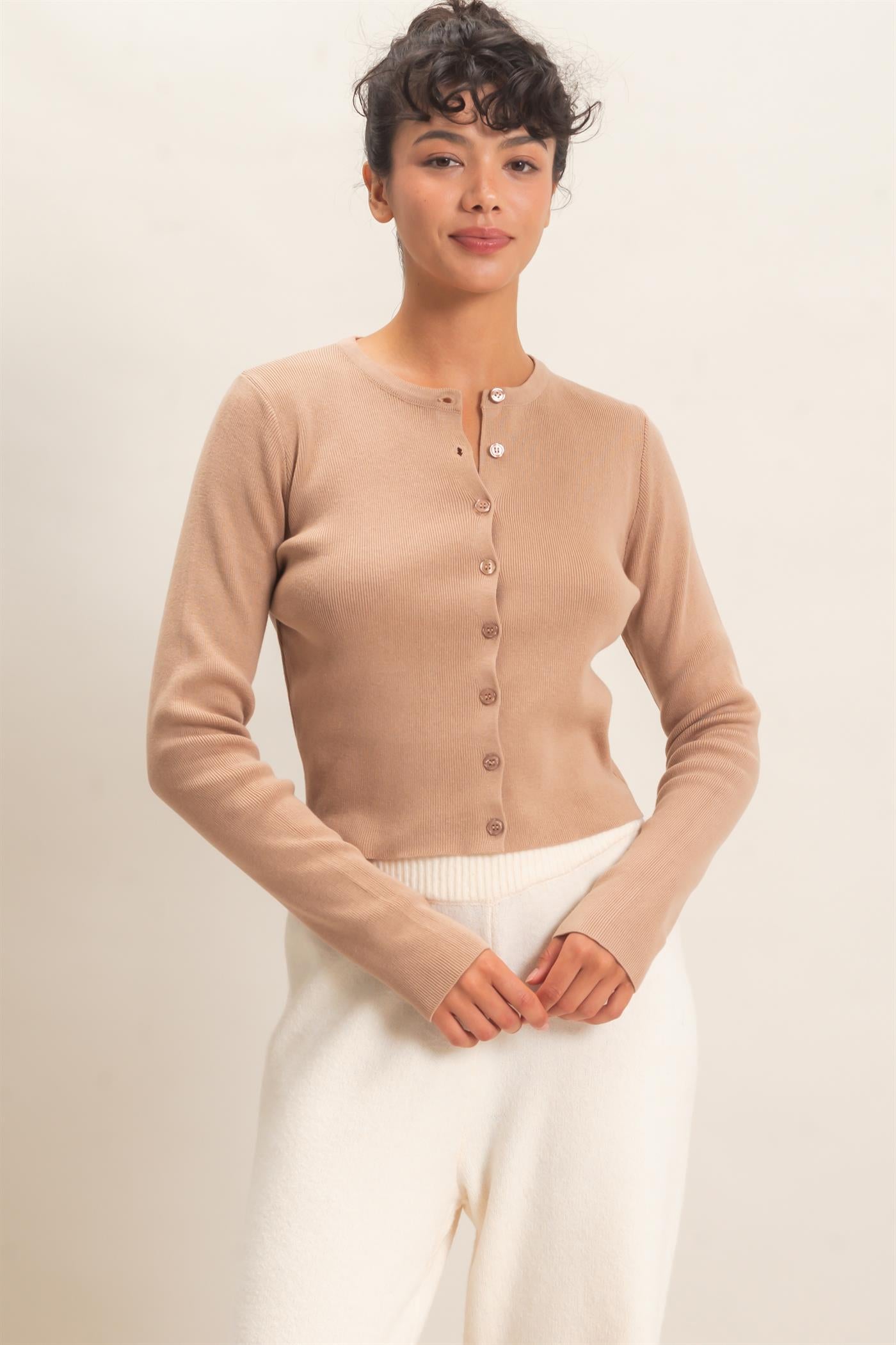 Wholesale Ribbed Crew Neck Cardigan Cardigans DZ27A153 DARK TAUPE DOUBLE ZERO