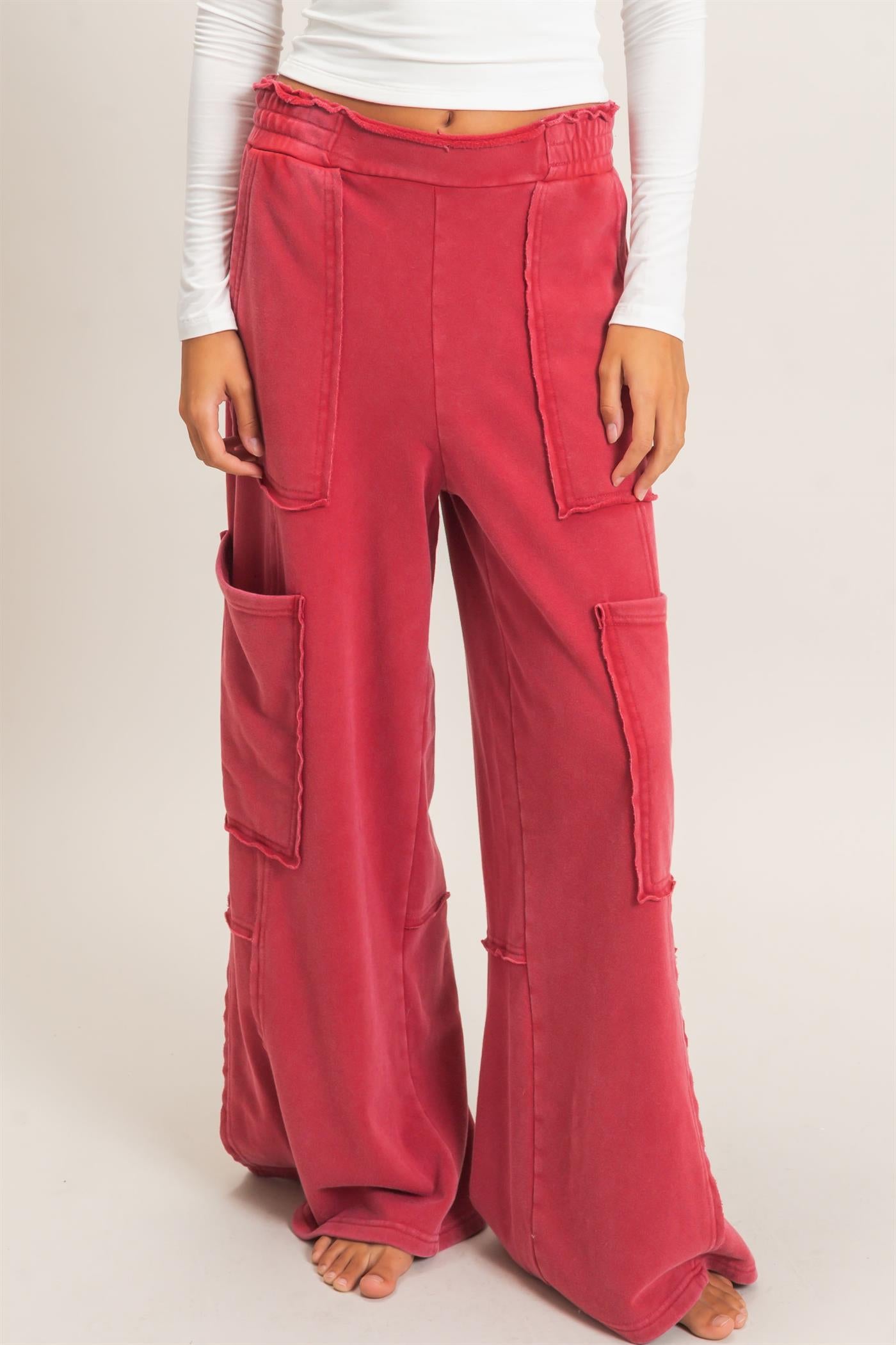Wholesale Mineral Wash Cargo Pocket Pants Pants DZ26C963 DARK RED DOUBLE ZERO
