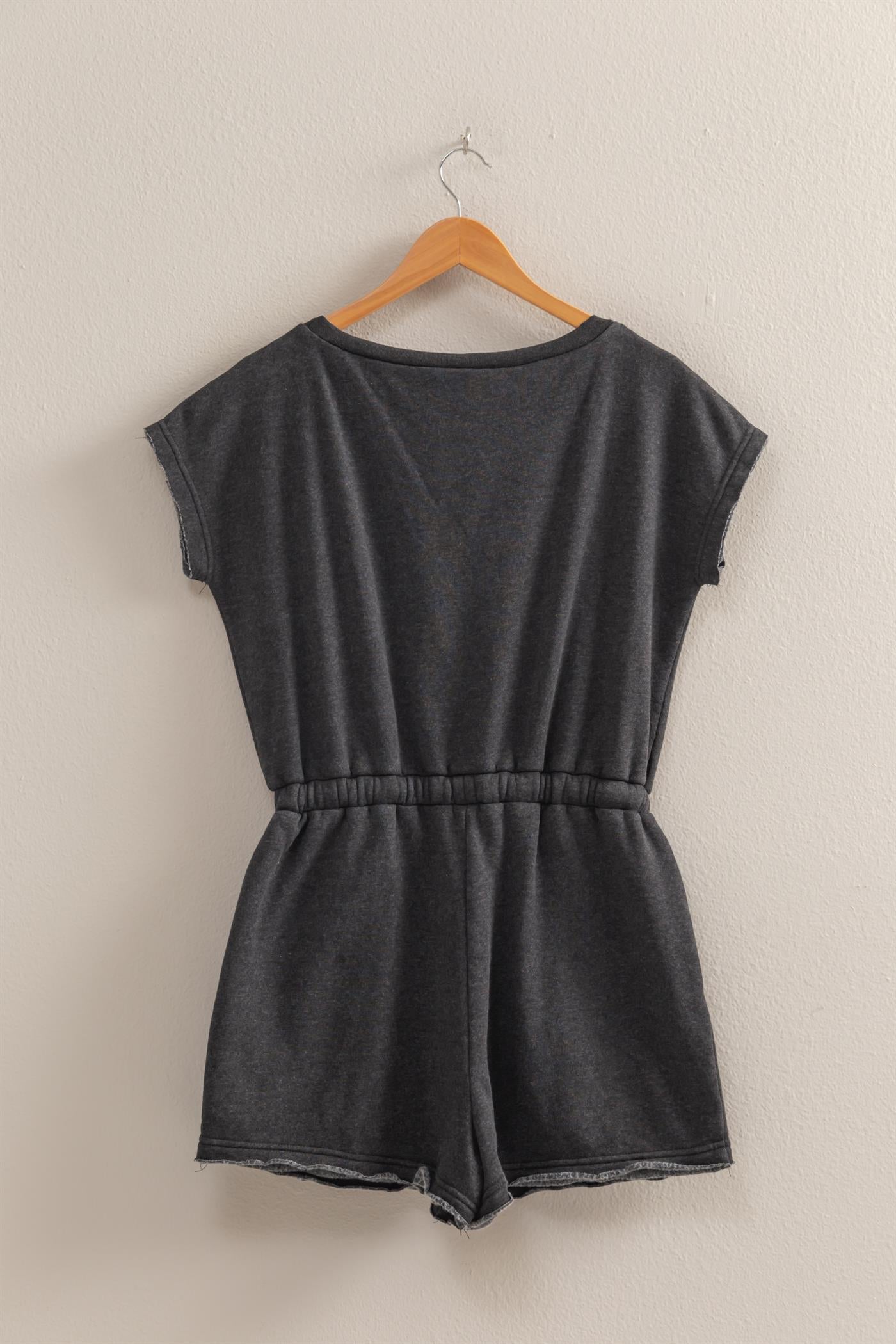 Wholesale Cap Sleeve Drawstring Waist Romper Clothing DZ25A782 BLACK DOUBLE ZERO