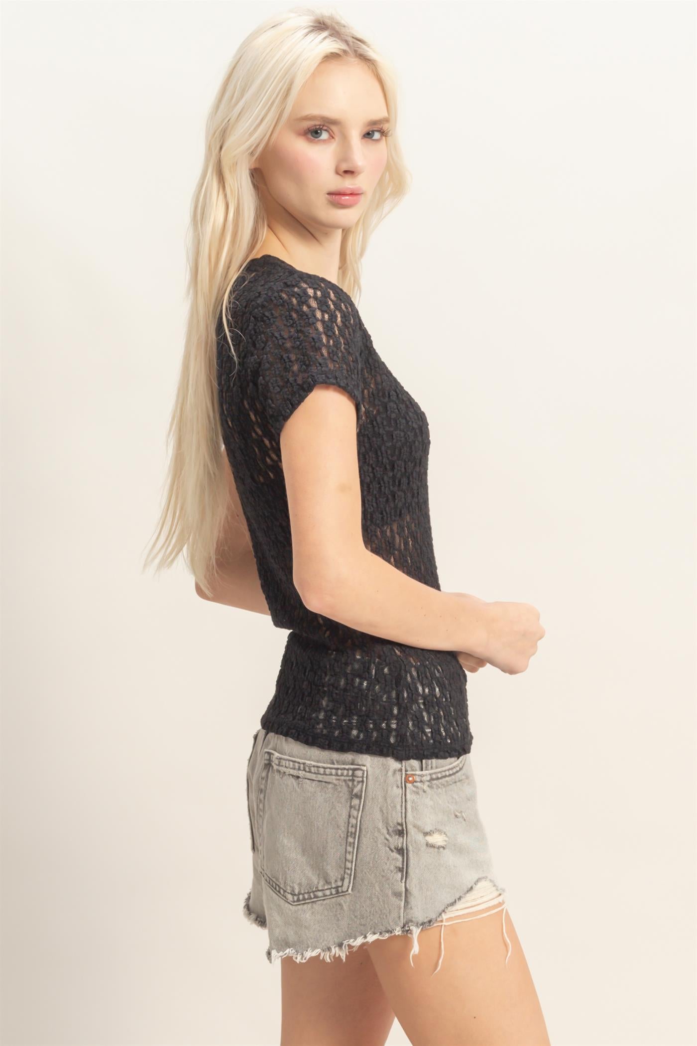 Wholesale Textured Lace Short Sleeve Top Clothing Tops DZ26C394 BLACK DOUBLE ZERO