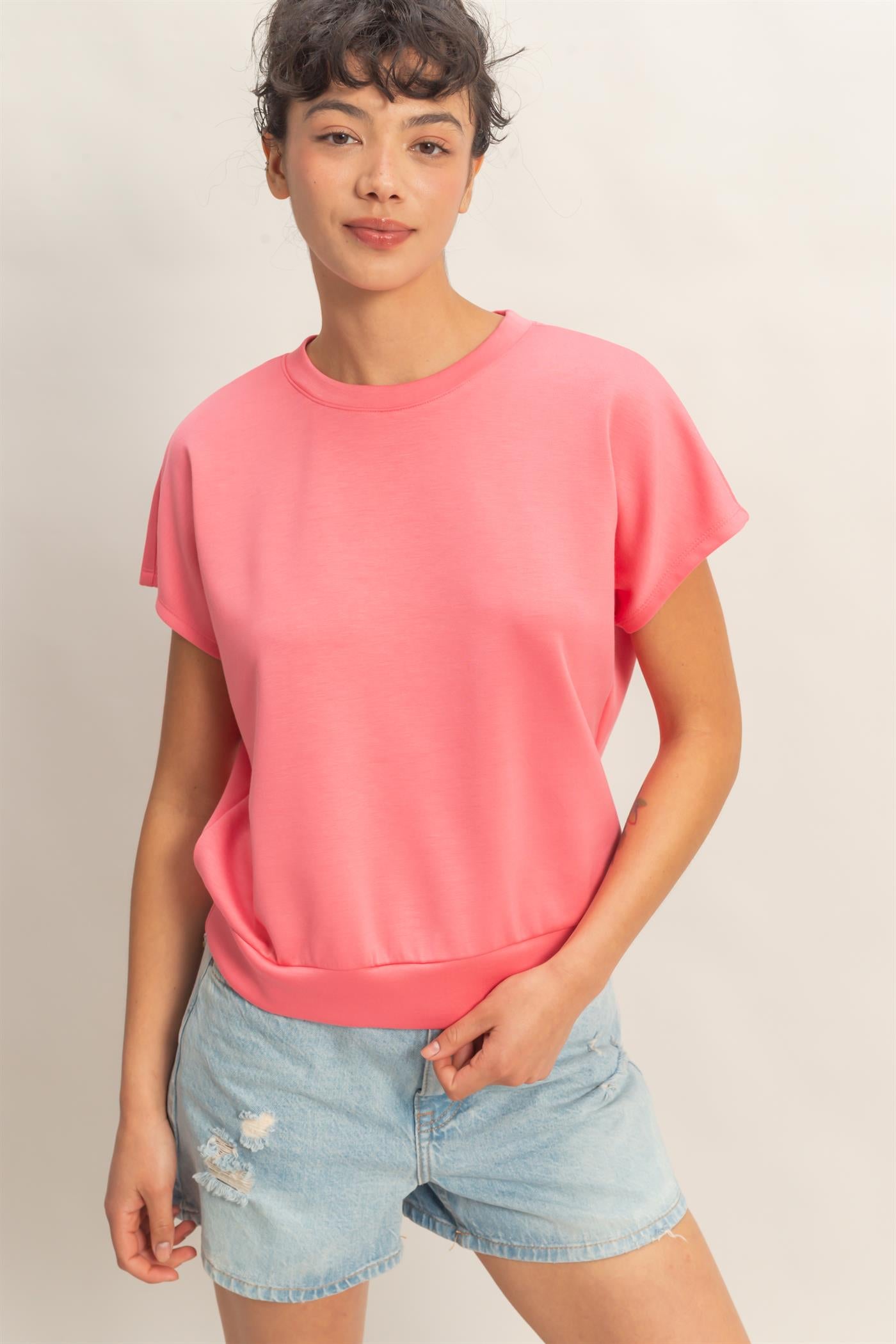 Wholesale Crew Neck Short Dolman Sleeve Top Clothing Tops DZ26C205 TAFFY PINK DOUBLE ZERO