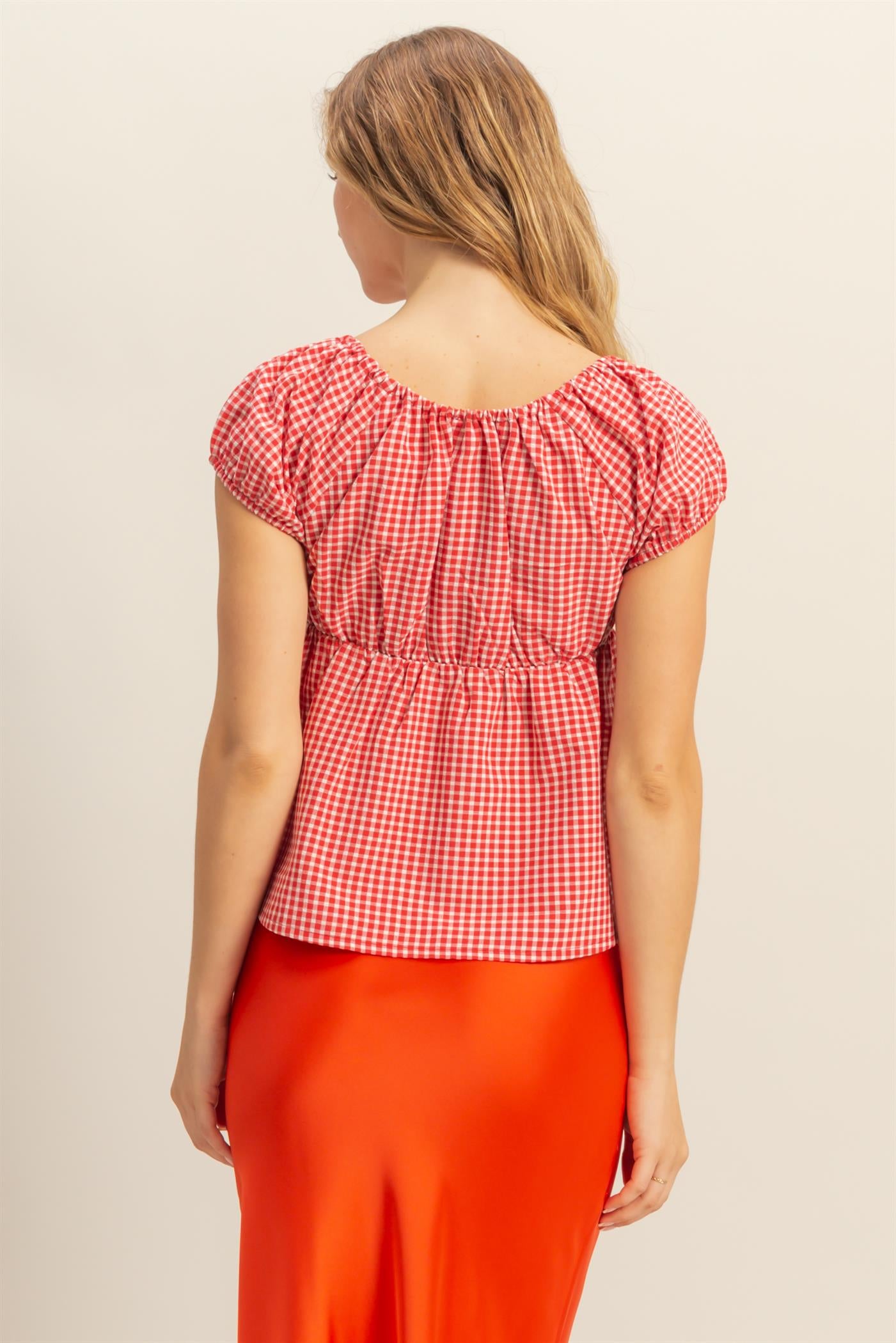 Wholesale Gingham Scoop Neck Cap Sleeve Blouse Blouses DZ25C042 RED DOUBLE ZERO