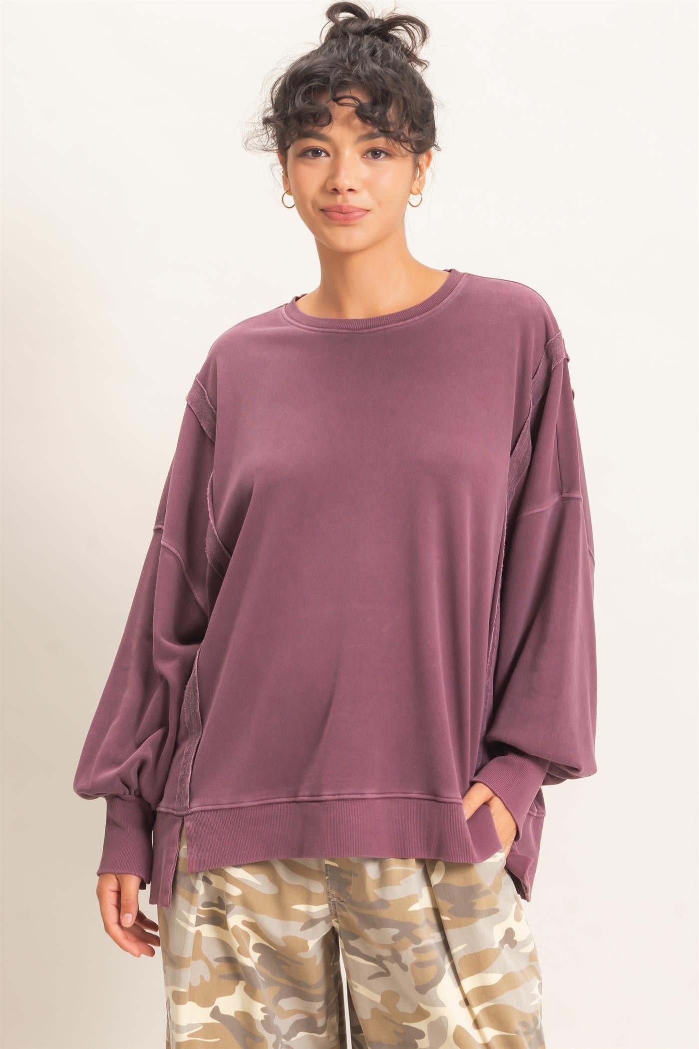 Wholesale Pigment  Dye Oversized Raw Edge Sweatshirt Sweatshirts DZ26C737 DARK CHERRY DOUBLE ZERO