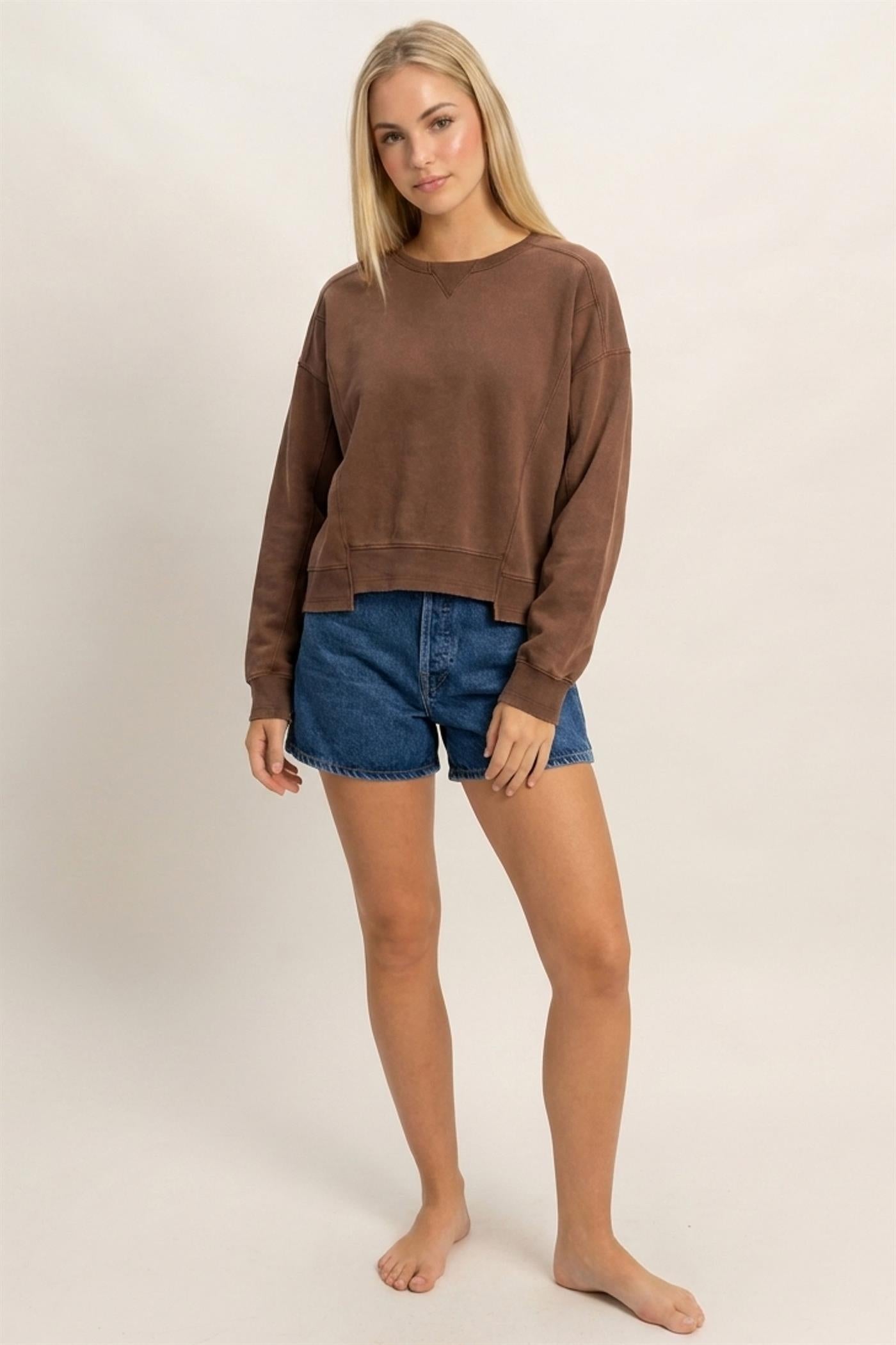 Wholesale Acid Wash Seam Detail Crew Neck Sweatshirt Sweatshirts DZ26E260 DARK BROWN DOUBLE ZERO