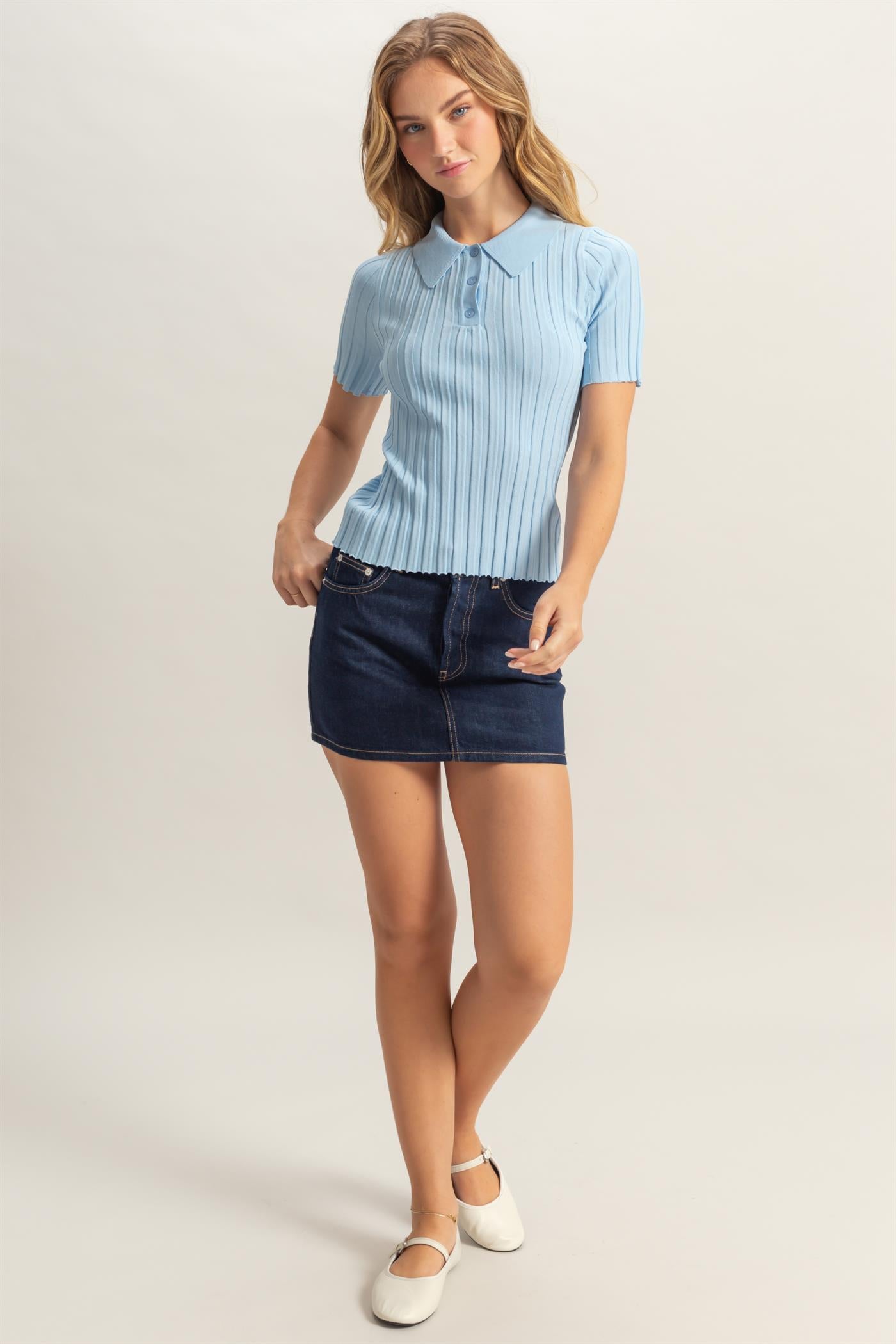 Wholesale Rib Knitted Short Sleeve Polo Top Clothing Tops DZ25C246 ICE BLUE DOUBLE ZERO