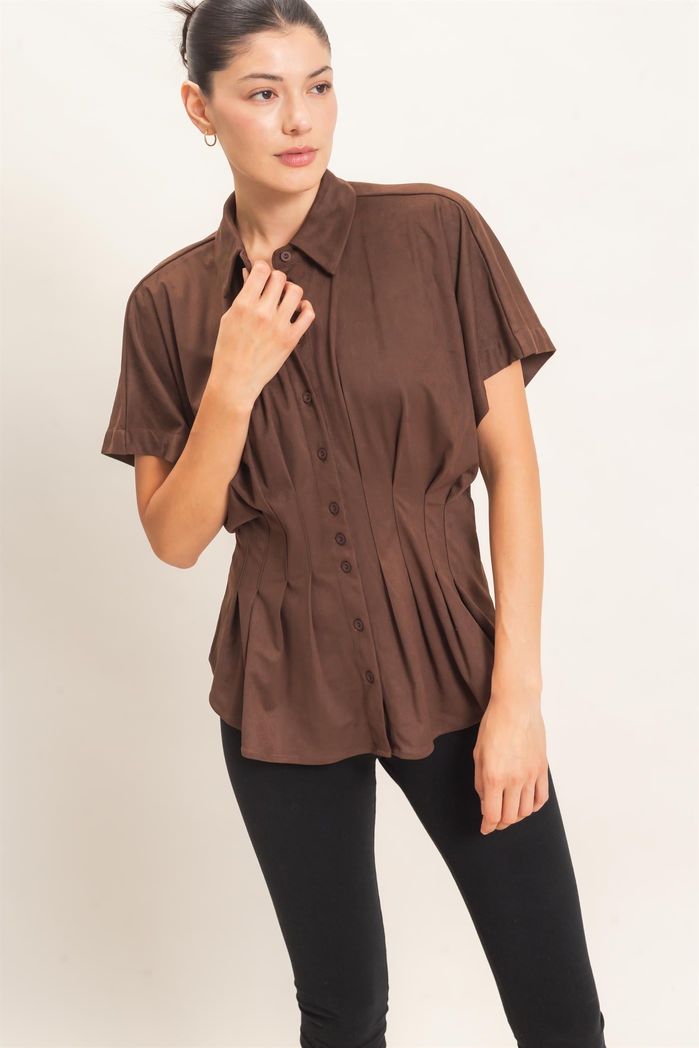 Wholesale Suede Button-Down Blouse Blouses HF26E651 CHESTNUT HYFVE