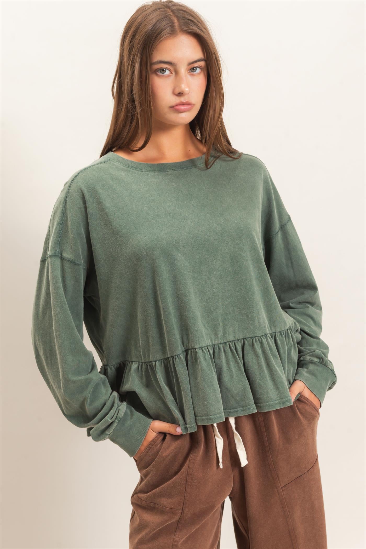 Wholesale Peplum Long Sleeve Top Clothing Tops DZ26F397 DARK GREEN DOUBLE ZERO