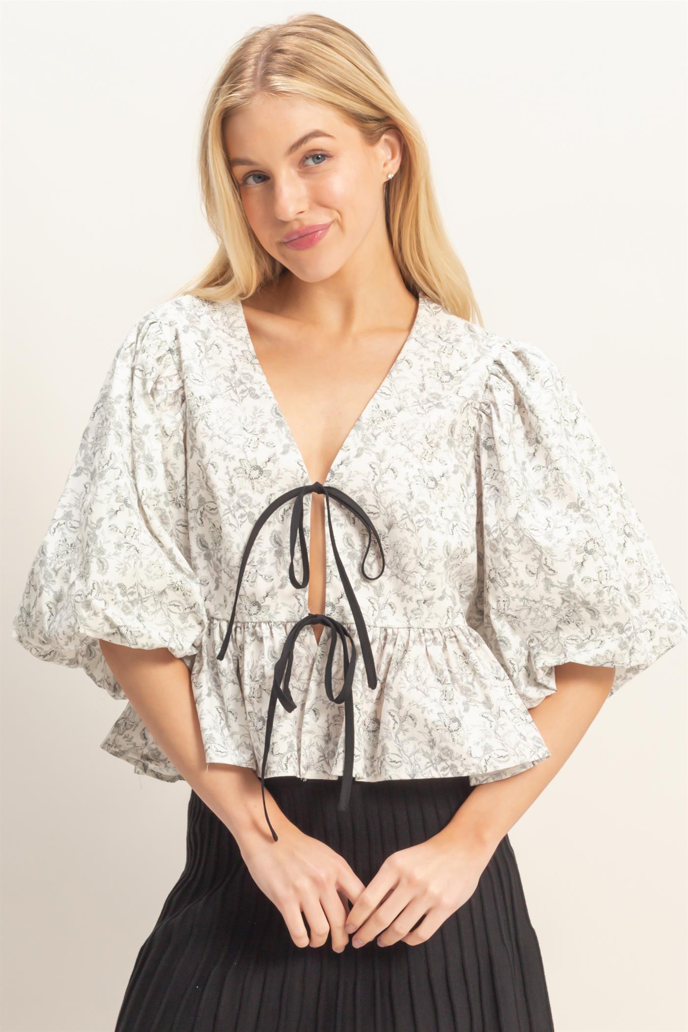 Wholesale Floral Tie-Front Peplum Top Clothing Tops HF26A353 BLACK HYFVE