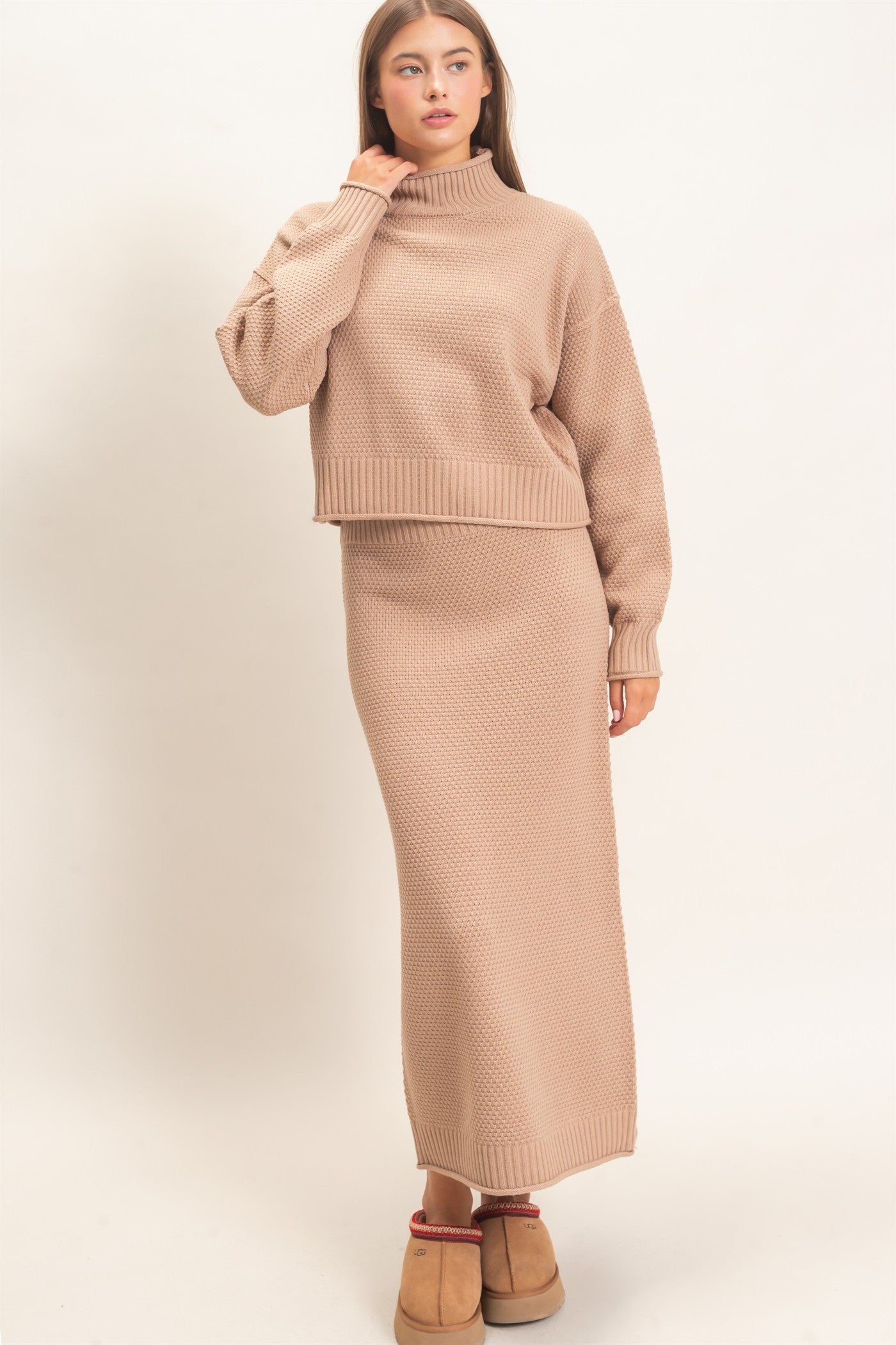 Wholesale High Neck Long Sleeve Top & Maxi Skirt Set Clothing DZ26E272-SET DARK TAUPE DOUBLE ZERO