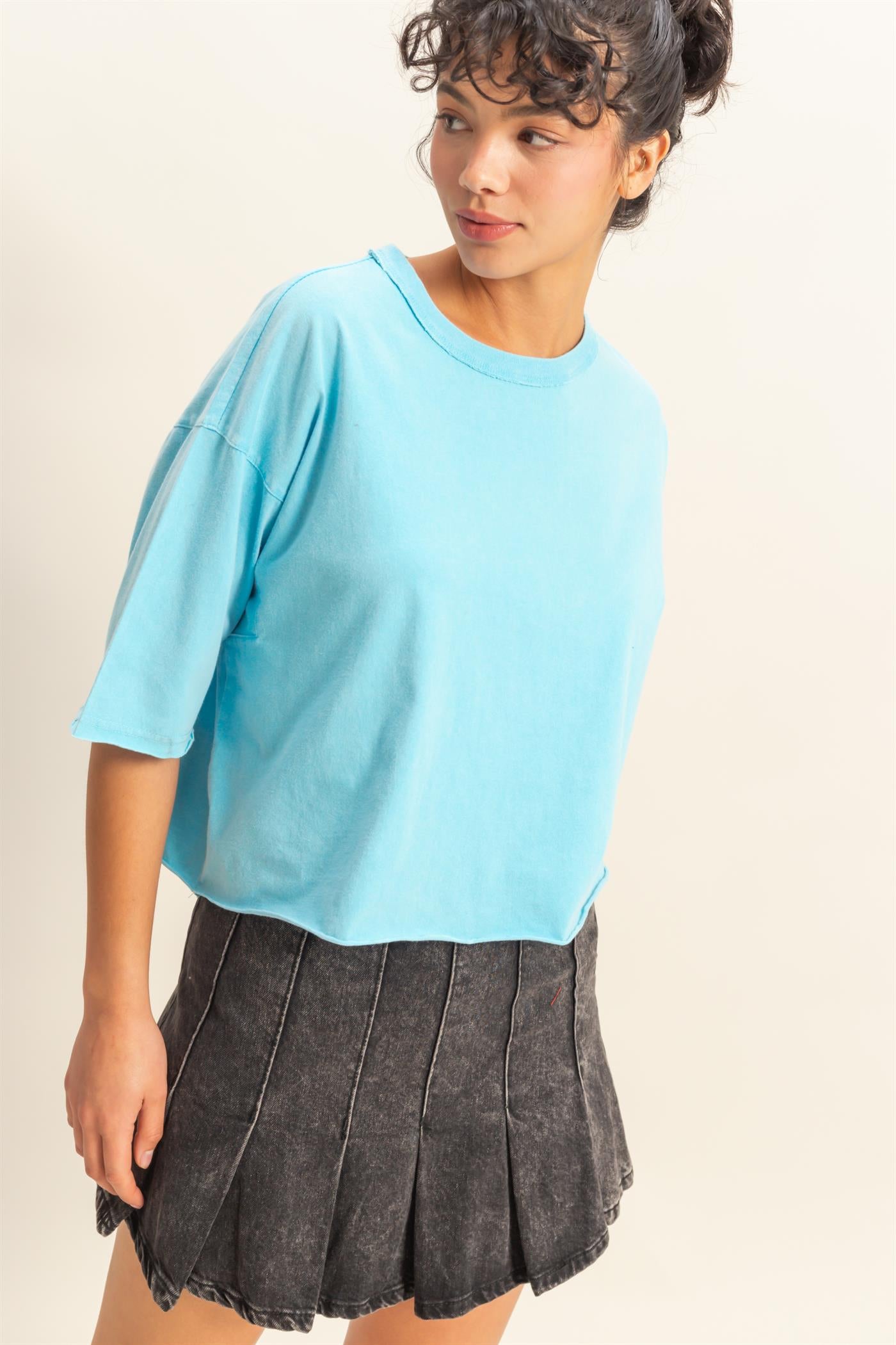 Wholesale Drop Shoulder Crew Neck Wide Fit Tee Clothing Tops DZ25A757 DUSTY INDIGO DOUBLE ZERO