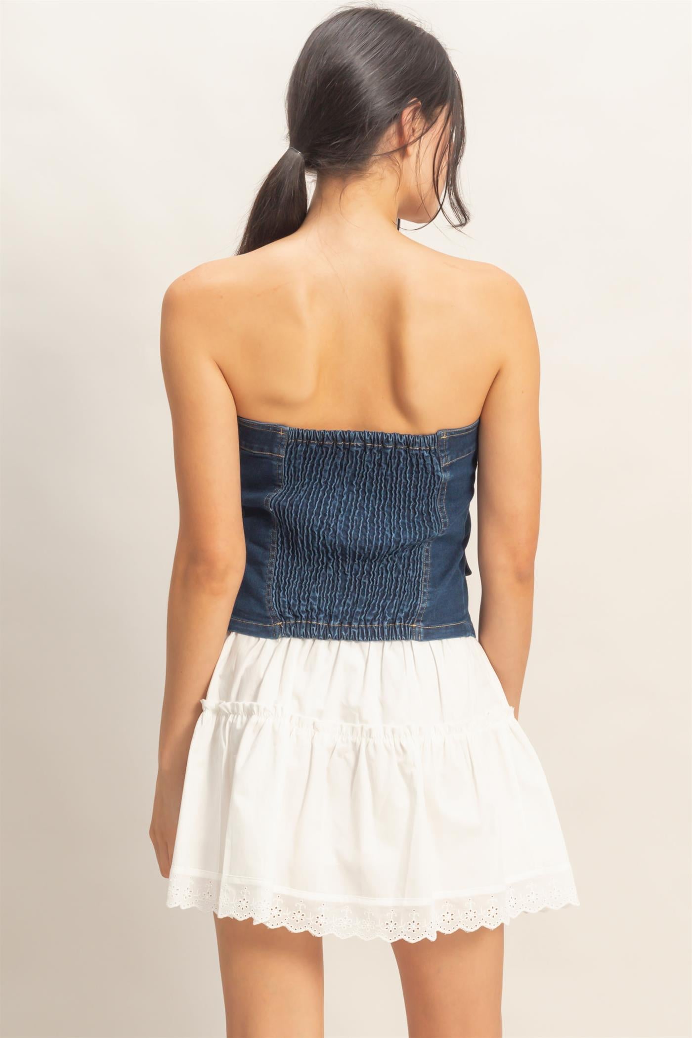 Wholesale Strapless Button-Up Denim Top Clothing Tops HF26A410 D.DENIM HYFVE