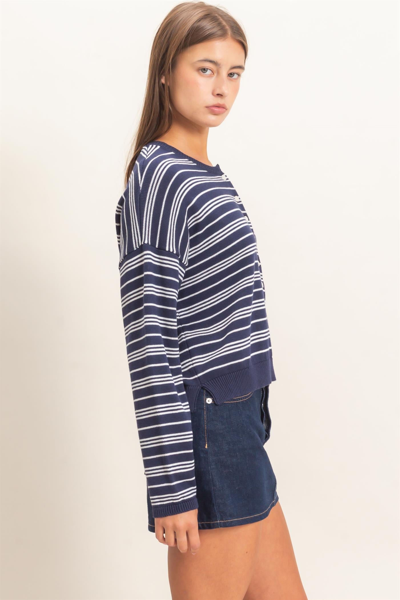 Wholesale Striped Henley Sweater Sweaters DZ26E113 NAVY DOUBLE ZERO