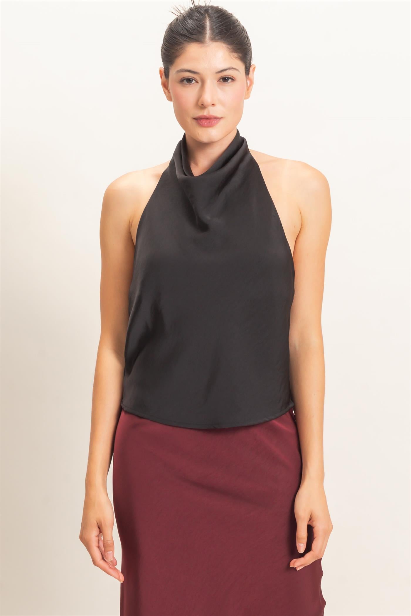 Wholesale Draped Halter Satin Top Blouses HF26E632 BLACK HYFVE