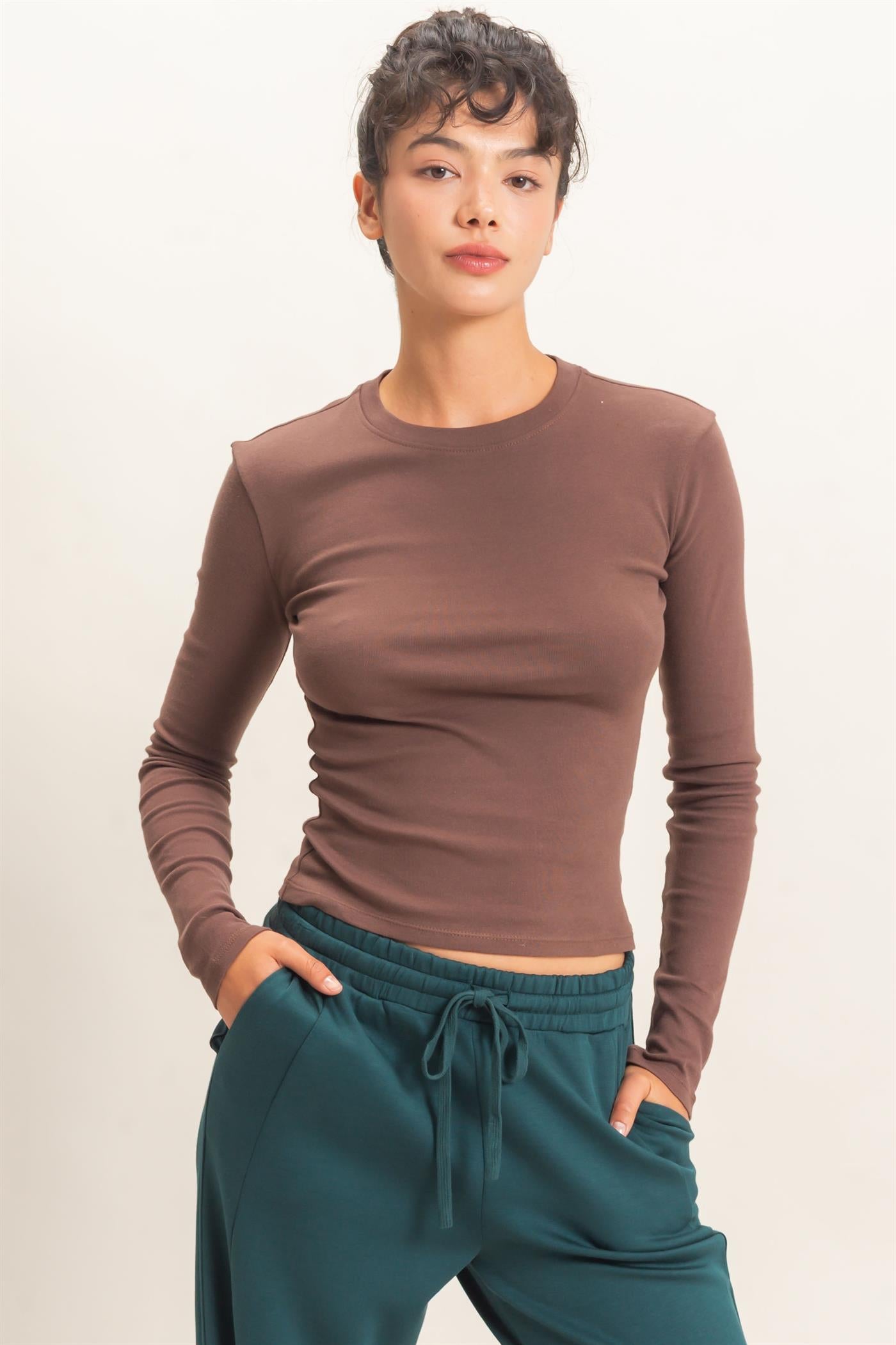 Wholesale Crew Neck Long Sleeve Top Clothing Tops DZ26E184 DARK BROWN DOUBLE ZERO